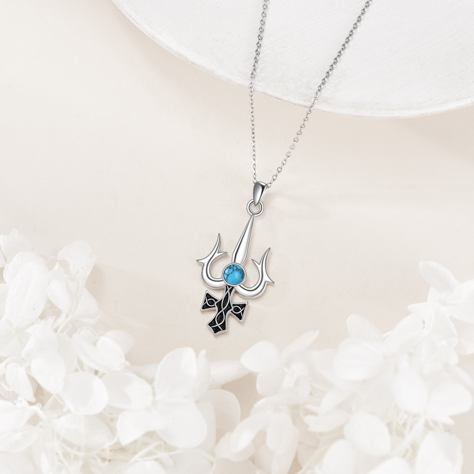 925 Silver Trident Pendant with Turquoise, Bohemian Style