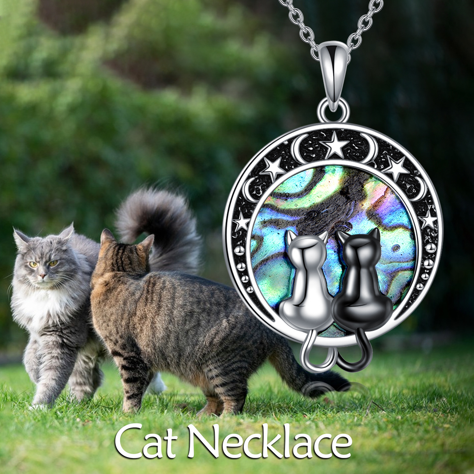 Women's Sterling Silver Black Cat & Abalone Pendant Necklace