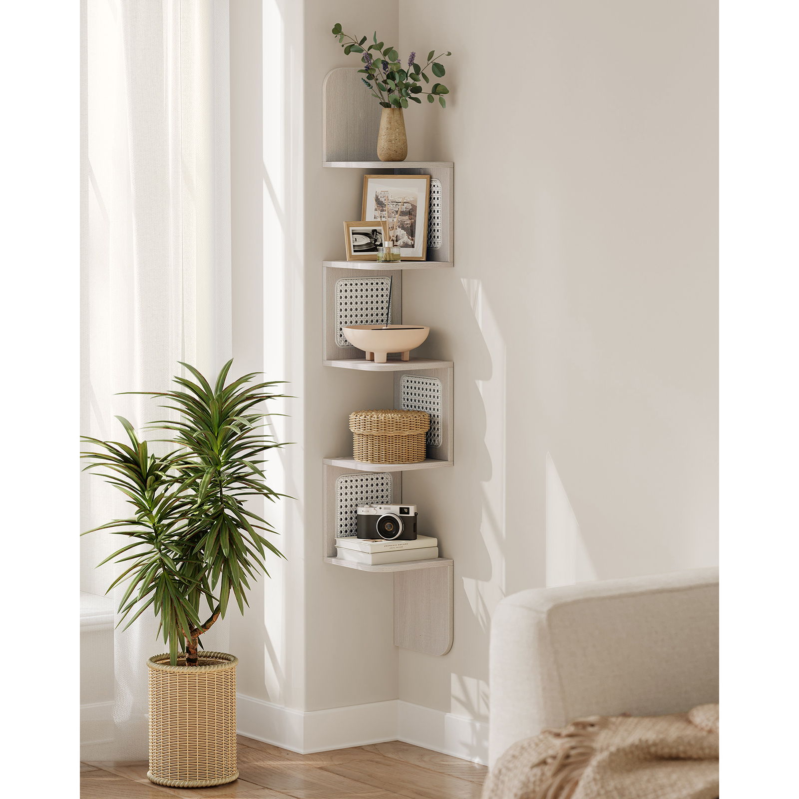 5-tier Corner Floating Shelf Wall-mounted With & Pvc Rattan Panels - Space- Suitable For Kitchen, Bedroom, Living Room, Boho Style Shelf, /pvc, Low Profile Unit For Small Spaces, Corner Shelves