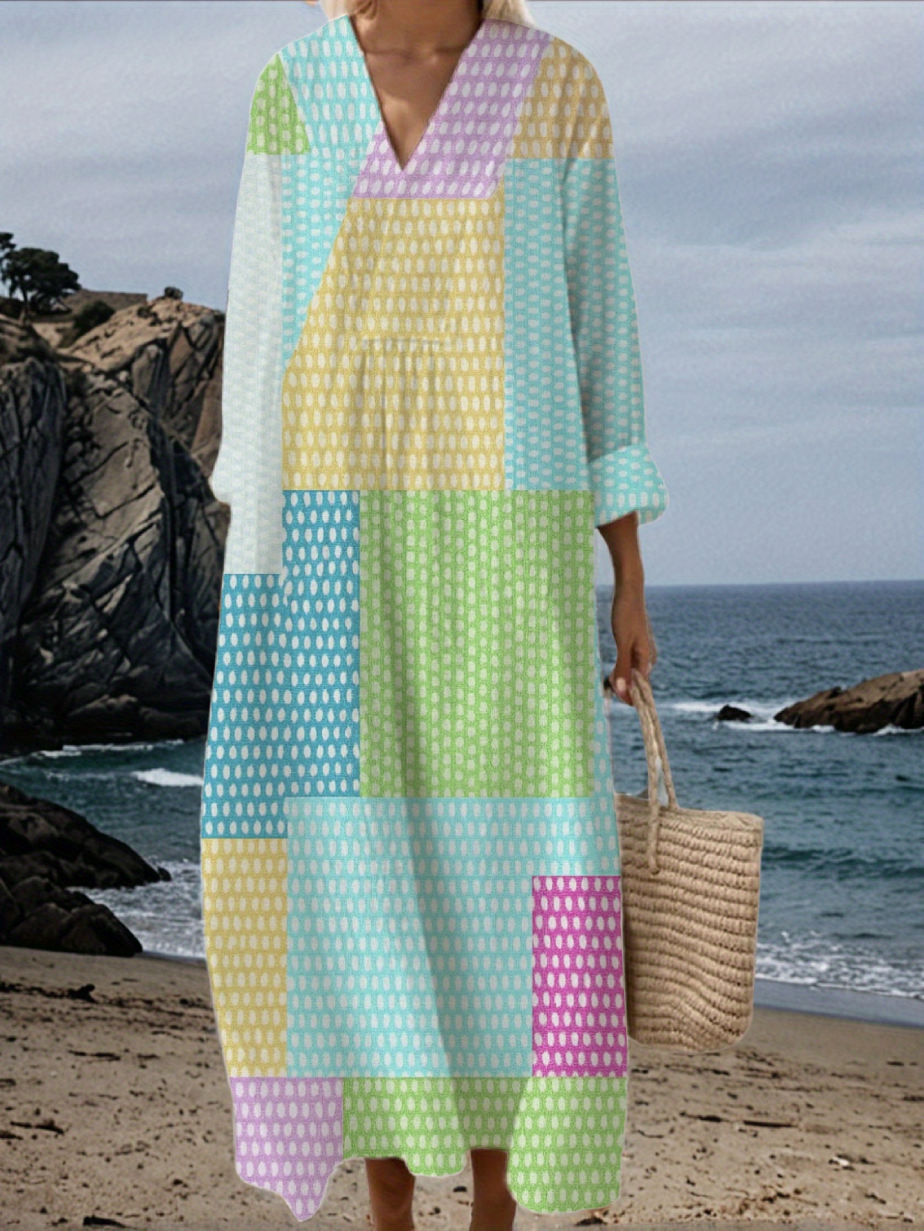 women's 2024 fall boho maxi dress casual long sleeve v neck printed beach  long flowy dresses - women's clothing