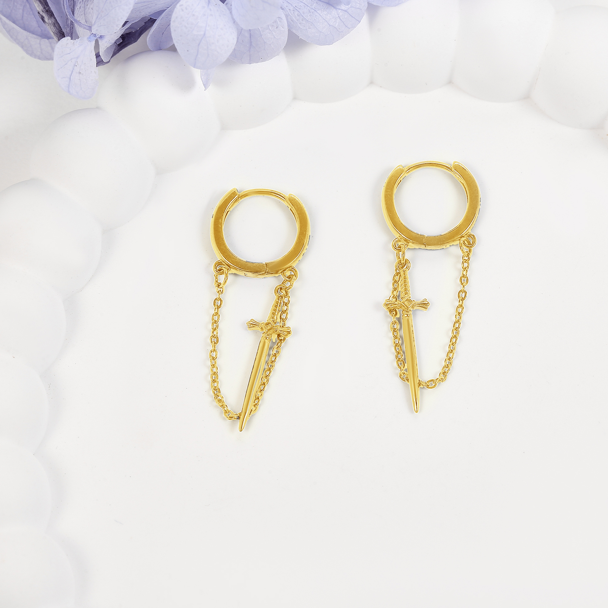 Men's 925 Sterling Silver Sword Earrings, 18K Golden Plated