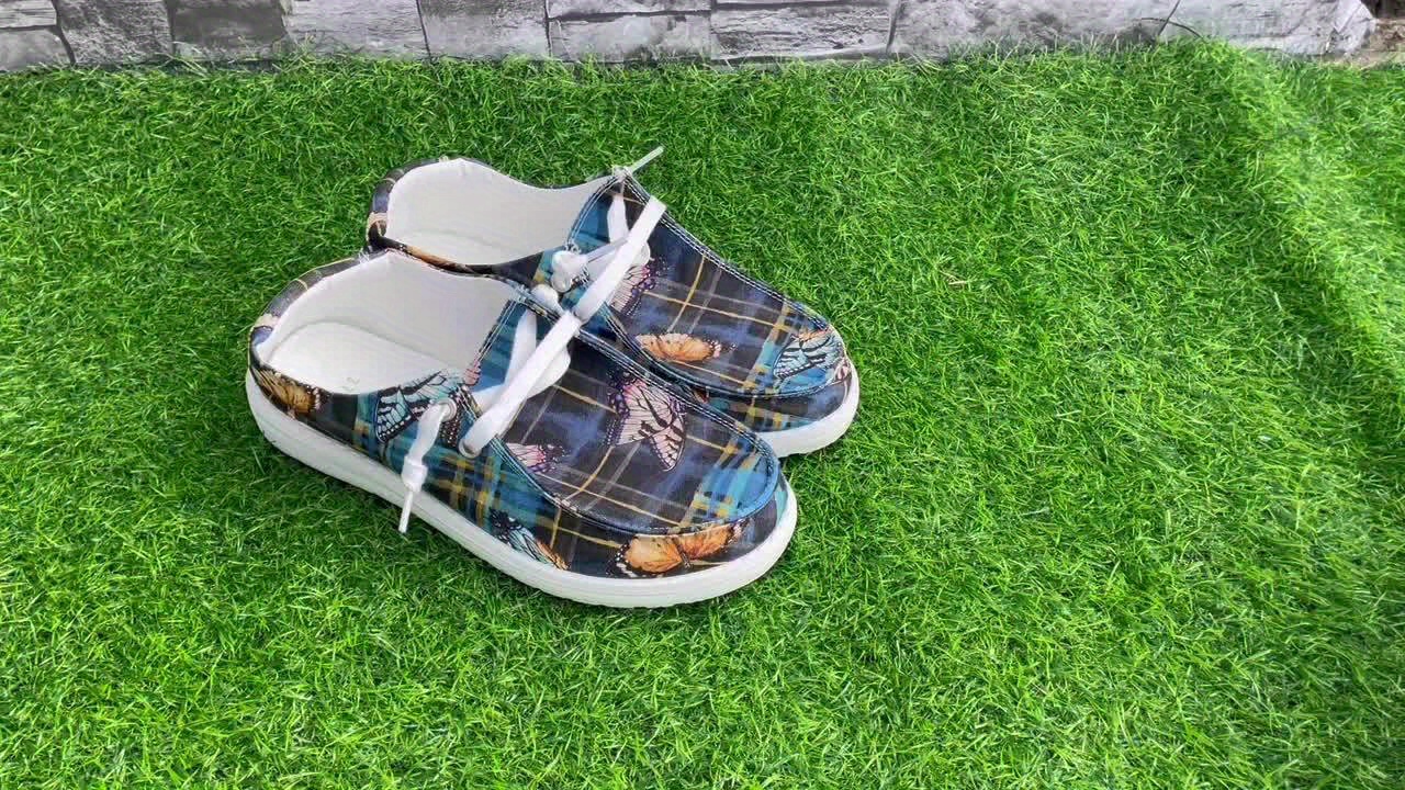 Butterfly & Plaid Pattern Flat Canvas Shoes Women's Slip On Casual Shoes