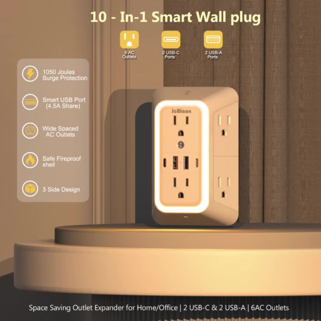 2026 NEW LAJCAEN Smart Multi Plug Outlet With Night Light 10-1 USB Wall Charger Surge Protector Night Light Touchable 3 Levels Of Light, Wall Charger Plug Outlet Extender & USB Ports (2A+2C), Wall Power For College Home Travel Office Dorm Essentials 6 2026 NEW LAJCAEN Smart Multi Plug Outlet With Night Light 10-1 USB Wall Charger Surge Protector Night Light Touchable 3 Levels Of Light, Wall Charger Plug Outlet Extender & USB Ports (2A+2C), Wall Power For College Home Travel Office Dorm Essentials - Image 6
