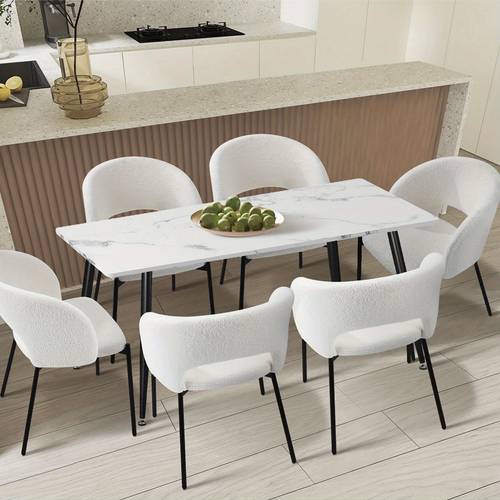 120cm modern effect dining table with black metal legs marble patterned mdf saving rectangle table for 6 8 people easy assembly heavy duty particle board white black contemporary furniture