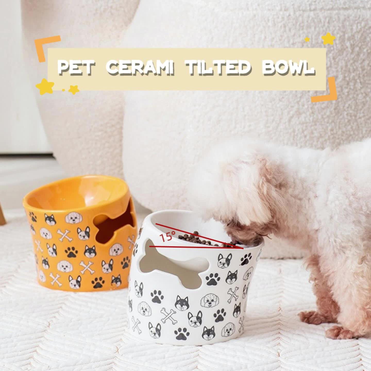 Ceramic Dog Bowls,snon Slip Dog Food And Water Bowls,tilted Pet Feeder Bowls  For Small Dogs White