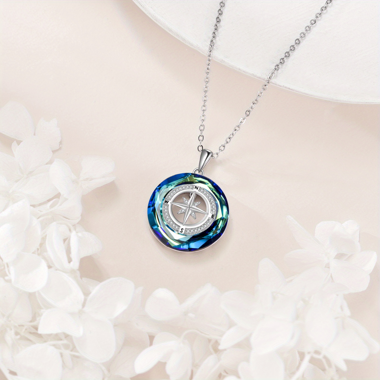 Women's 925 Sterling Silver Compass Necklace with Artificial Crystal Pendant