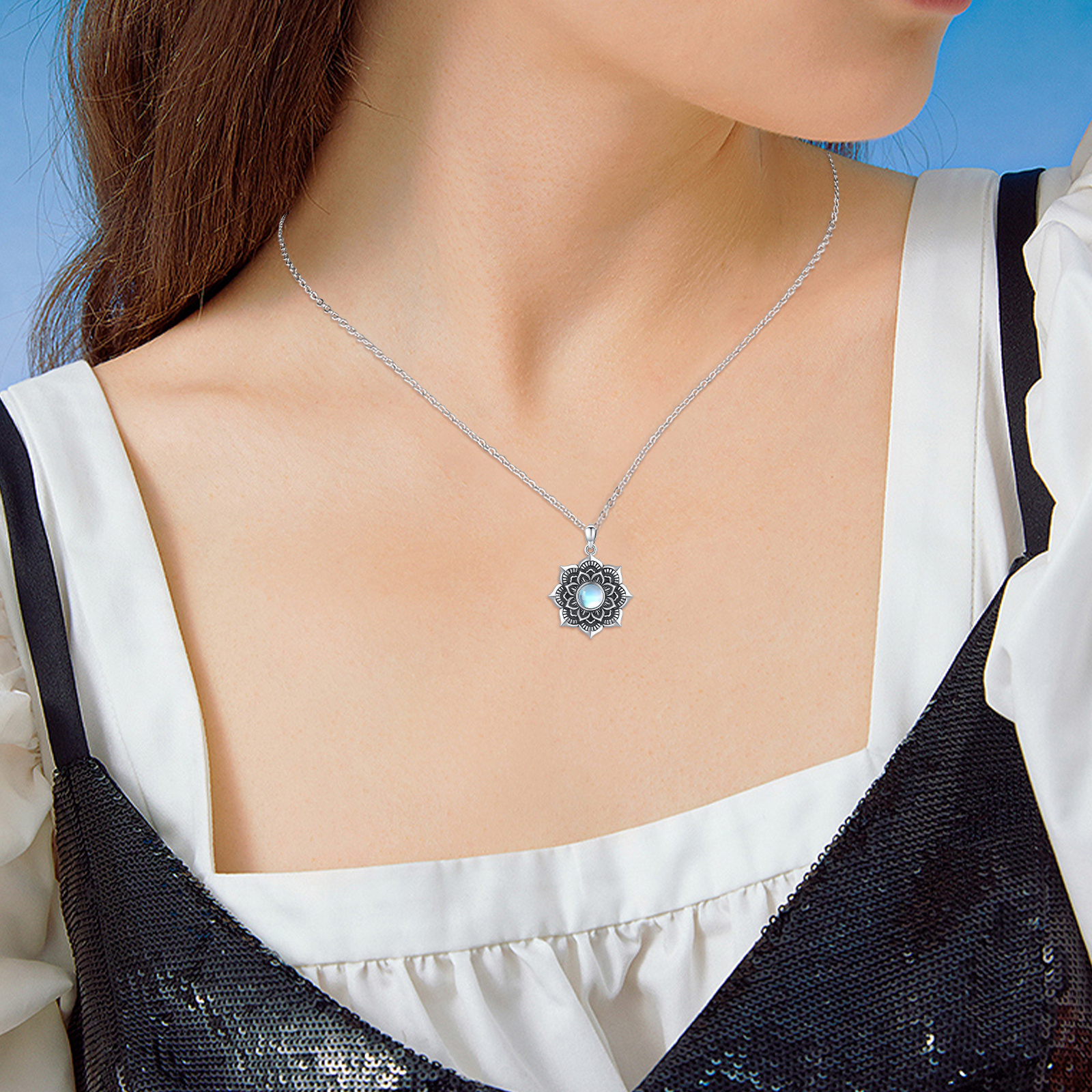 Women's 925 Sterling Silver Mandala Moonstone Pendant Necklace