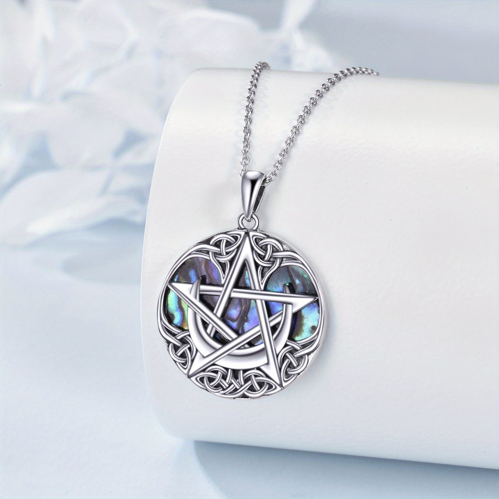 Wiccan Pagan Pentagram Necklace with Moonstone Pendant Gift