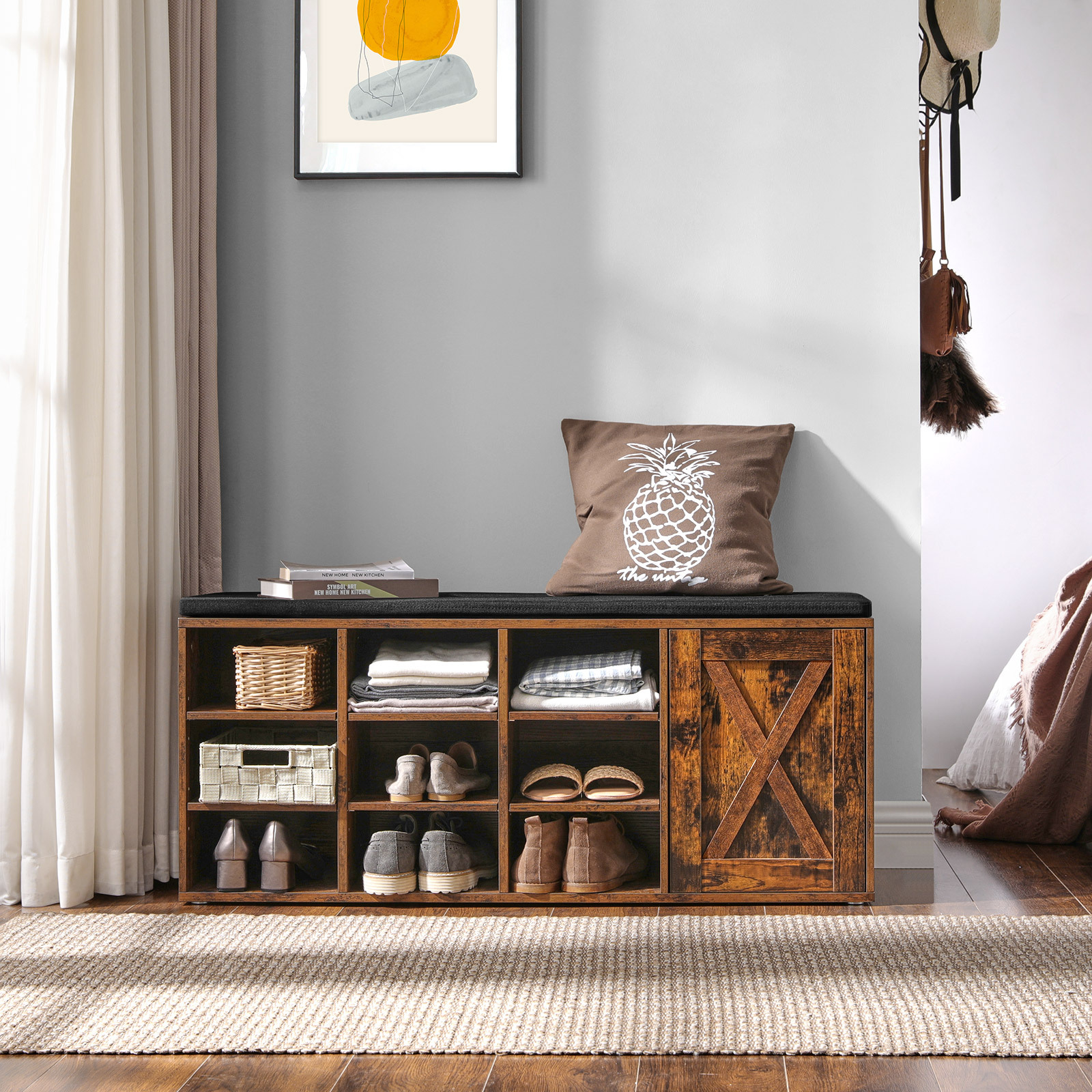 Shoe Bench Storage Bench With Cupboard And 9 Open Compartments Shoe Shelf Padded Seat Barn Door Rustic Brown
