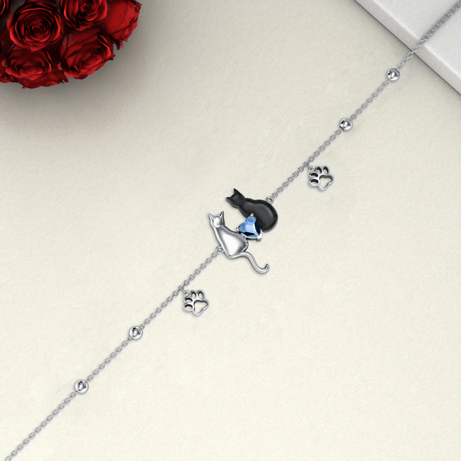925 Silver Cat & Paw Print Heart Chain Bracelet
