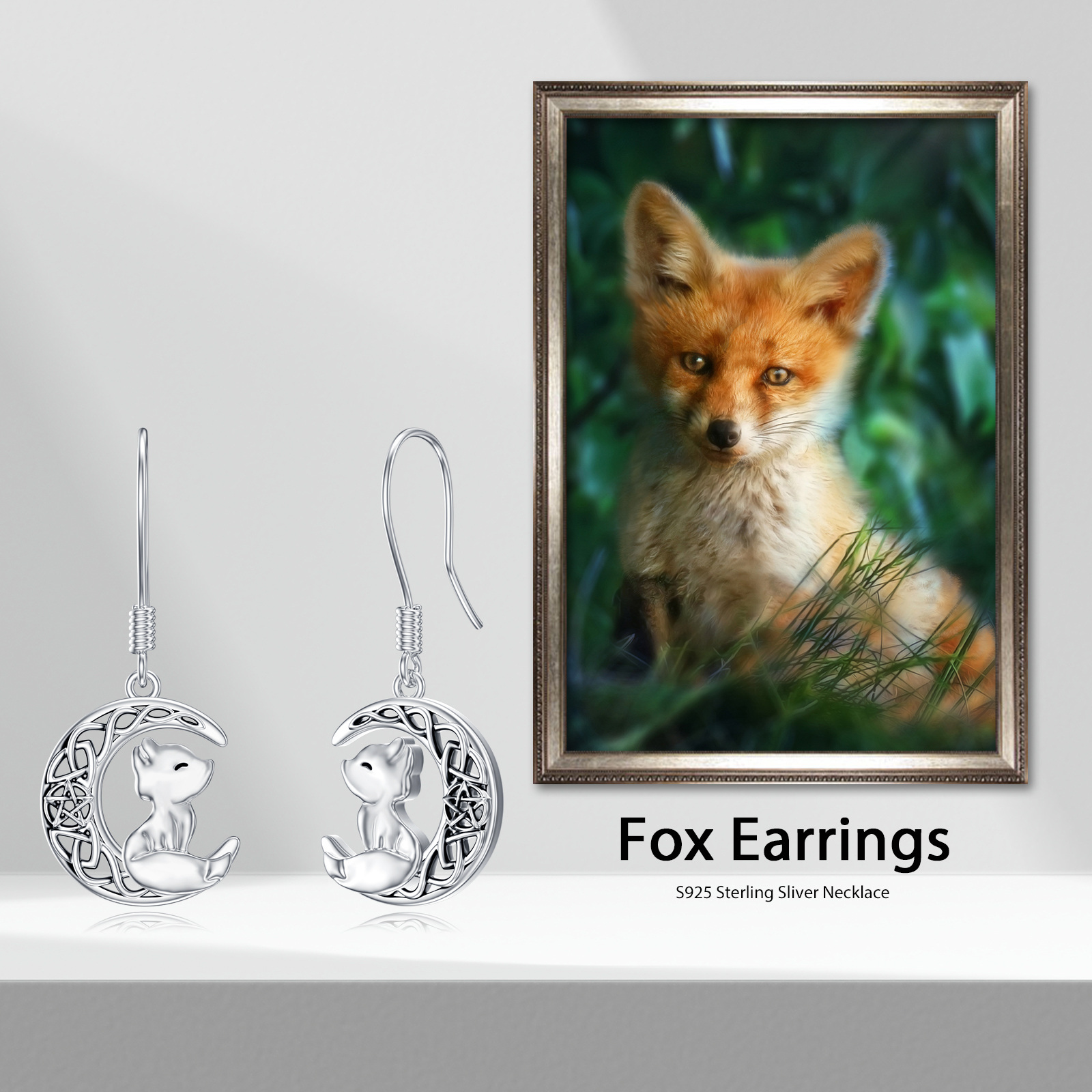 moon fox earrings 925 sterling silver celtic fox dangle earrings cute animal earrings gift for women Product details 1