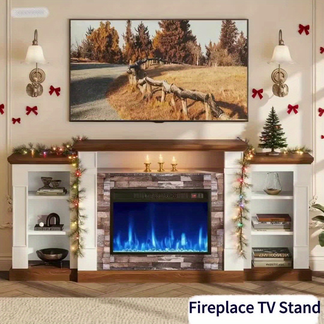 70-Inch Electric Fireplace TV Stand with Mantel - Modern Entertainment Center with Open Storage, LED Lights & Remote Control
