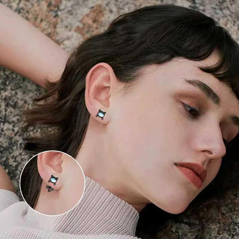 925 sterling silvery gunmetal black cat earrings two stacked ways to wear cat dangling earrings cat earrings stud earrings Product details 0