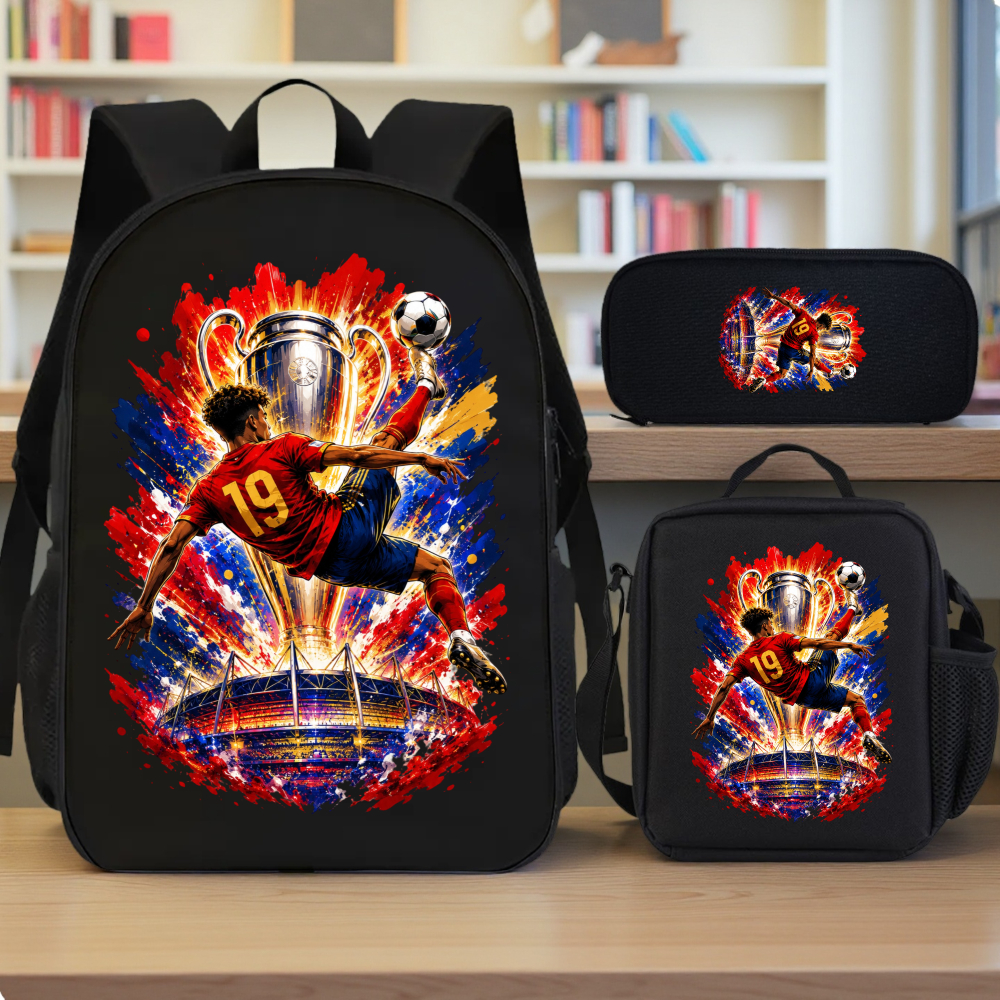Image of 3pcs 2d Flat Printing Football Player Trophy Stadium Three-piece Schoolbag Set 3pcs Backpack Set Fun Printed Design Multicolor Casual Party Travel Birthday Perfect Gift For Colleagues
