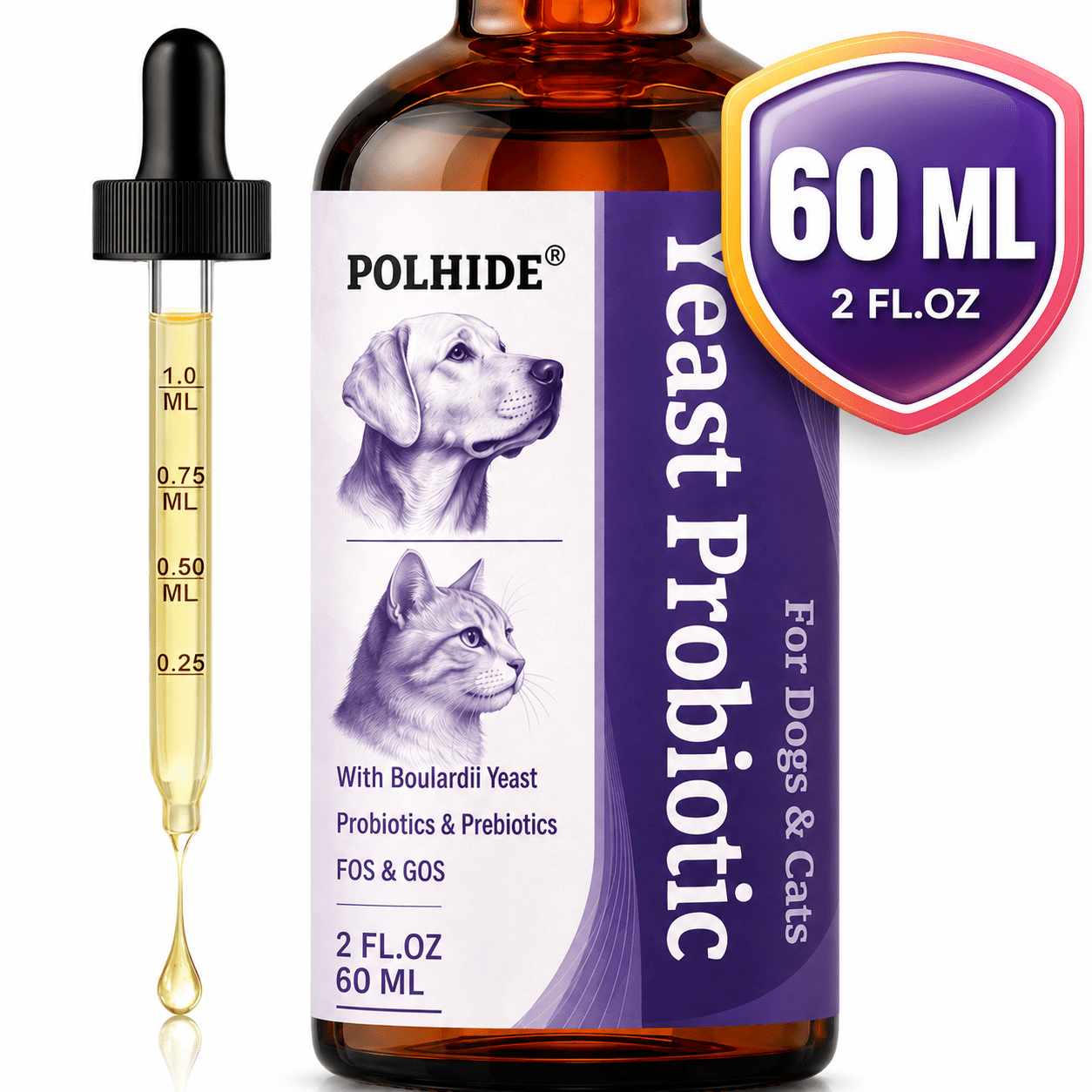 Polhide 60ml Yeast Probiotic Nutritional Supplement, Yeast, D-mannose & Pumpkin Seed Extract, Intestinal Health, Sensitive Wellness & Health, For Of All Ages