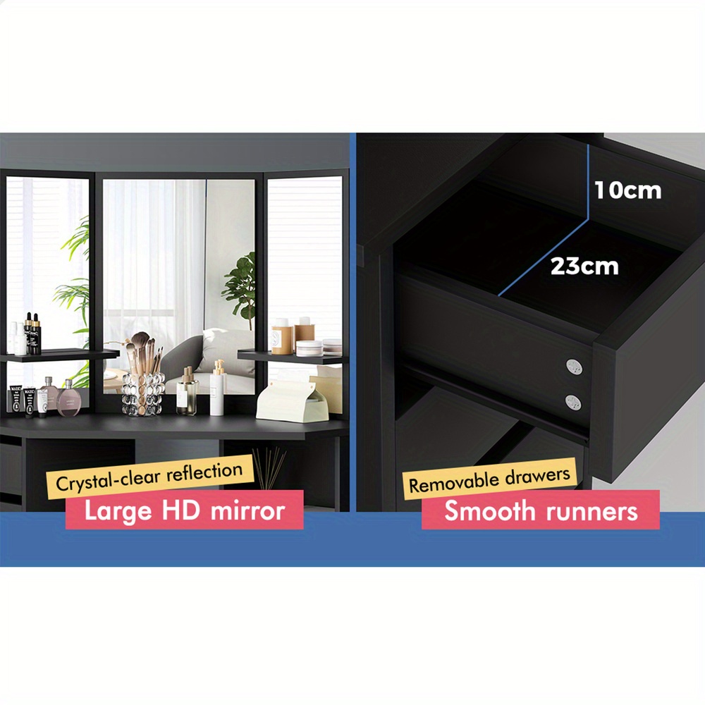 modern vanity desk set with tri fold   adjustable height stool hardwood construction   storage Product details 7