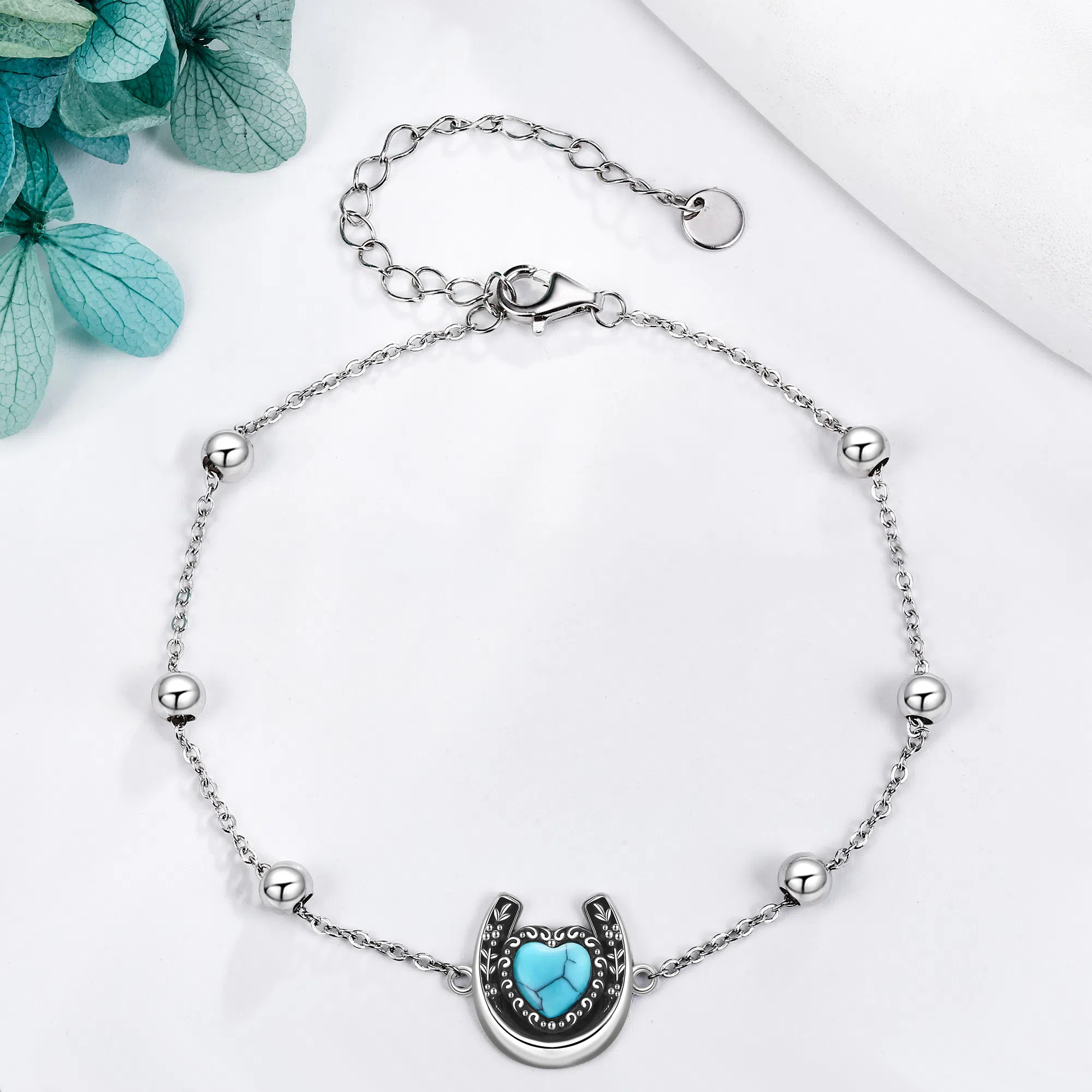 Women's 925 Sterling Silver Horseshoe Bracelet with Synthetic Turquoise