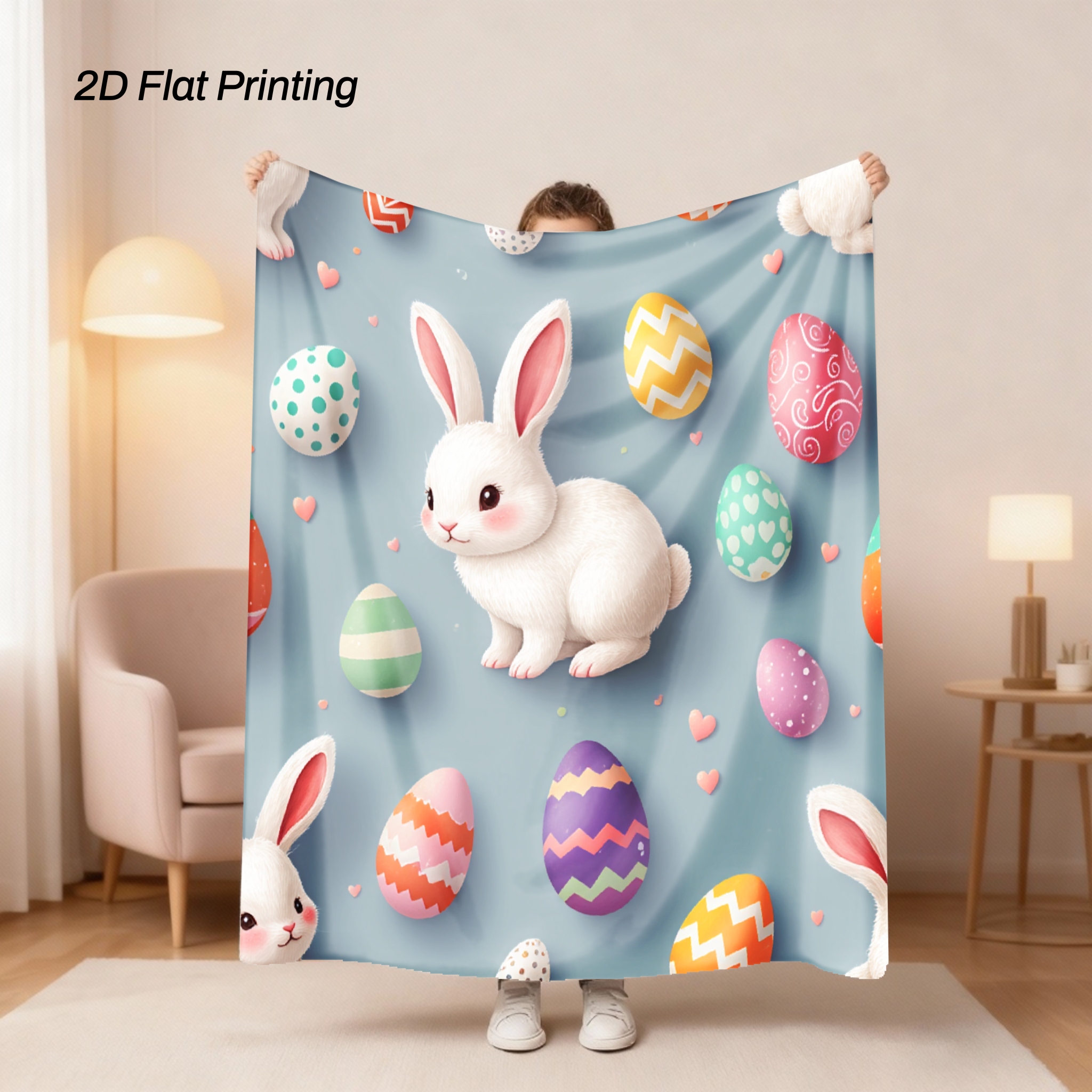 Soft Plush Blanket With Rabbit And Easter Egg Pattern Ideal For Sofa Or Travel, Light And Comfortable, Suitable For , Flannel Fabric, 2d Flat Printing