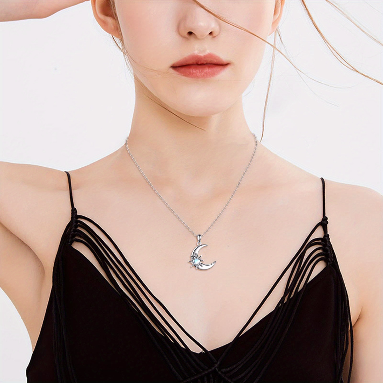 Women's 925 Sterling Silver Sun and Moon Pendant Necklace