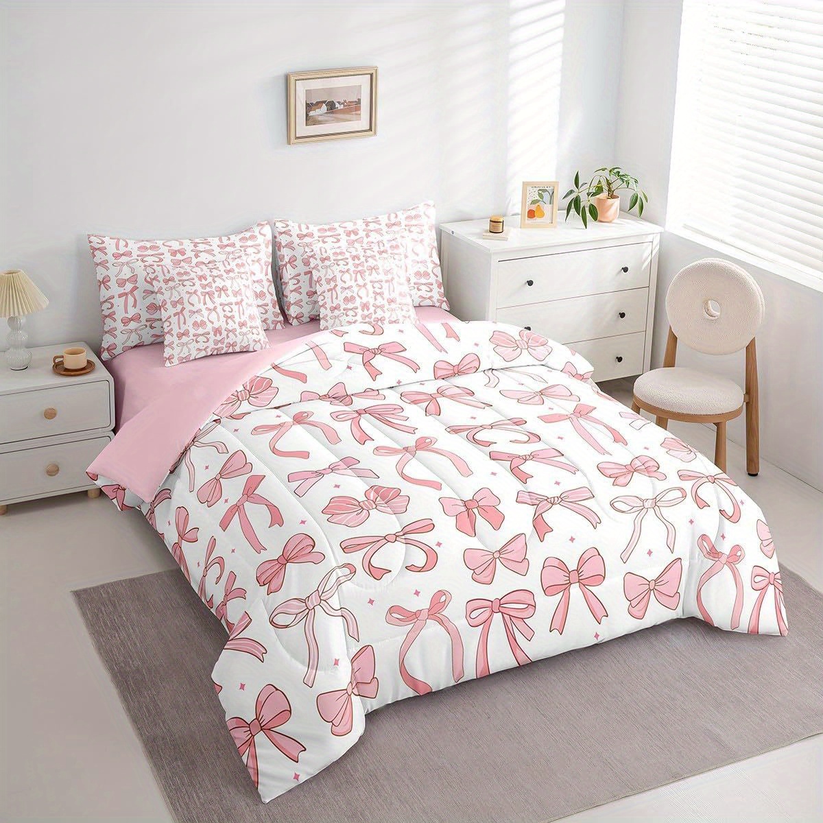 7pcs Pink Bow Comforter Set Bow Girly Bedding Set Fairy Tale Romantic  Starry Pink White Bed Set (Comforter+Fitted+Flat