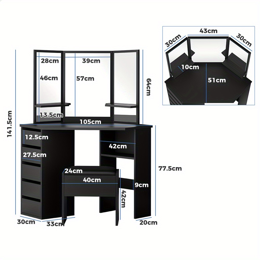 modern vanity desk set with tri fold   adjustable height stool hardwood construction   storage Product details 8
