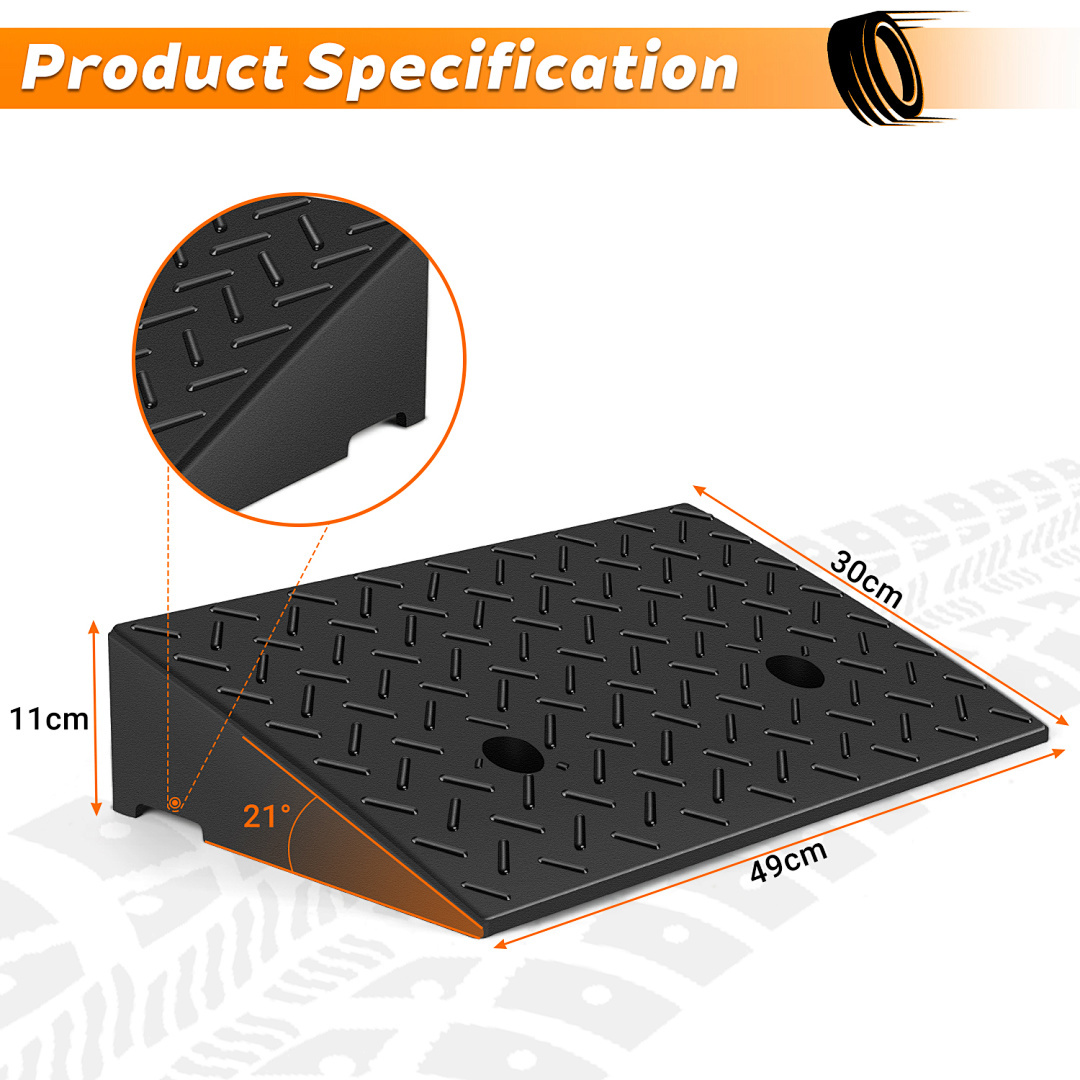 E-shop 2 Gummiparkplatzrampen (49x30x11 cm) | Rutschfest & mit Entwässerung | Inklusive Montageset für Rollstühle, Autos Türschwellen