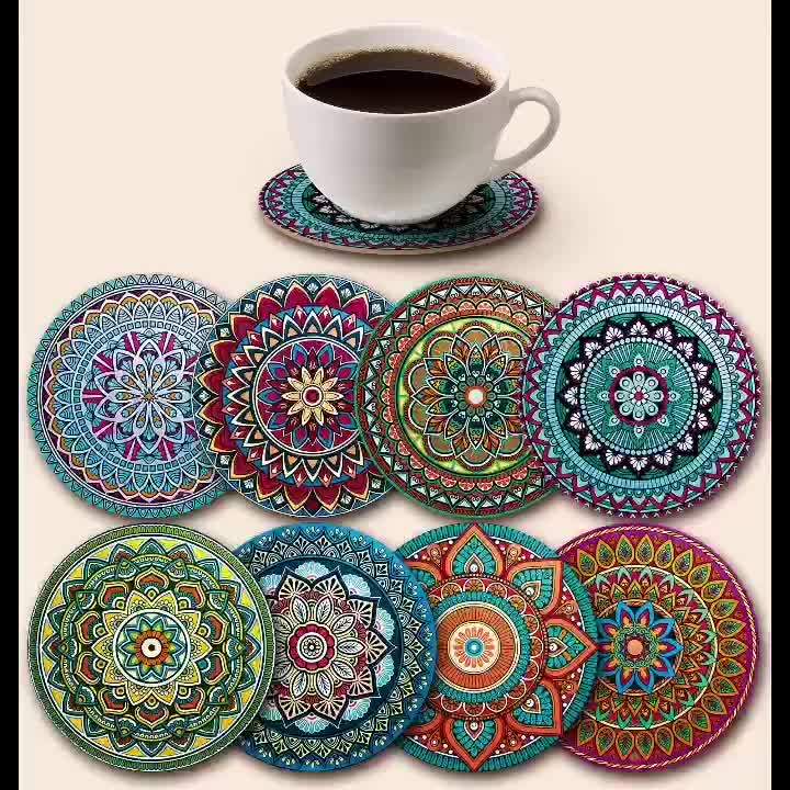 8-Piece Wooden Mandala Coaster Set 4-Inch Square for Home, Office, and Bar Use