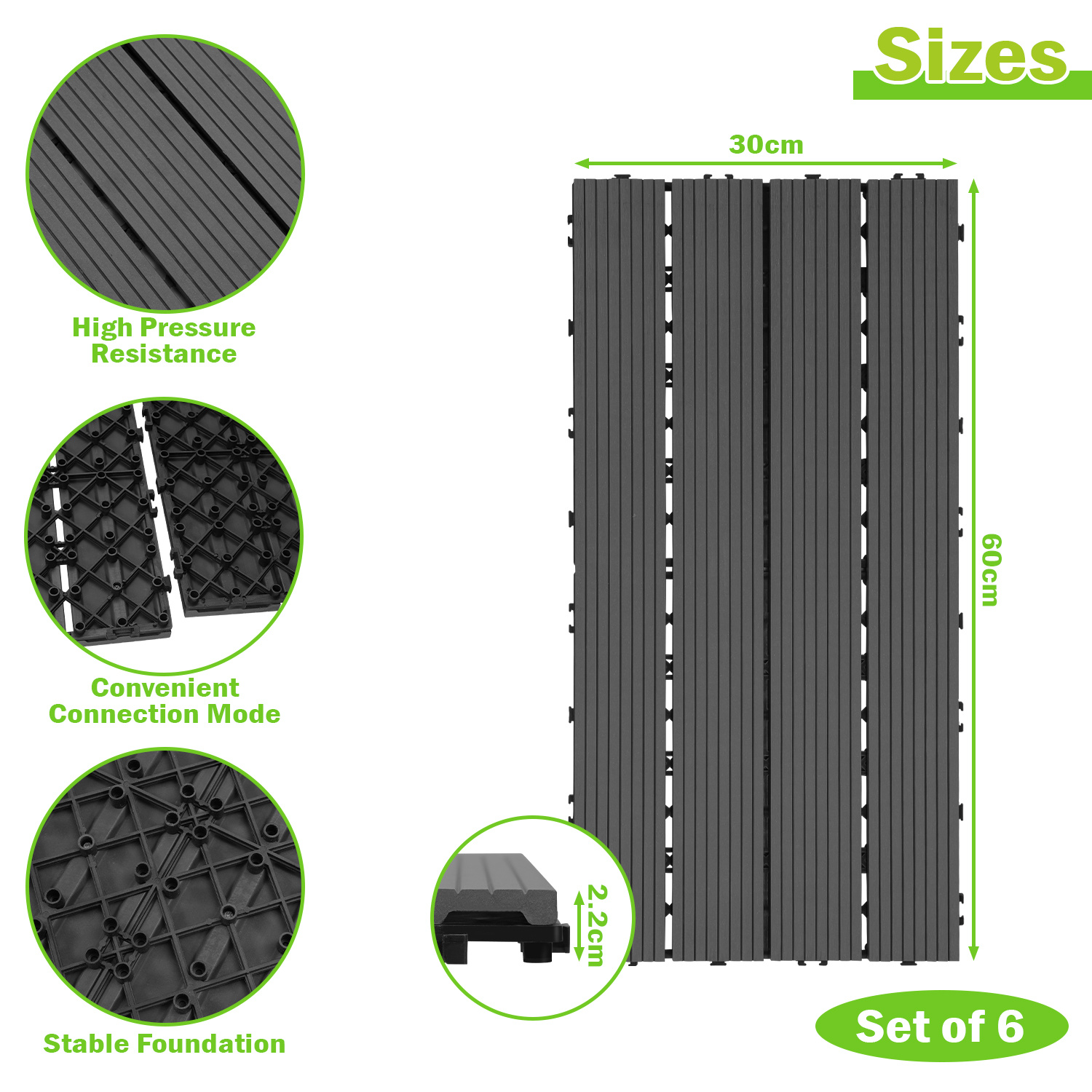 6-30pcs Wpc Interlocking Deck Tiles, 30 X 60cm Wood-look Outdoor Flooring With Drainage For Greenhouse, Patio, Garden And Balcony Grey