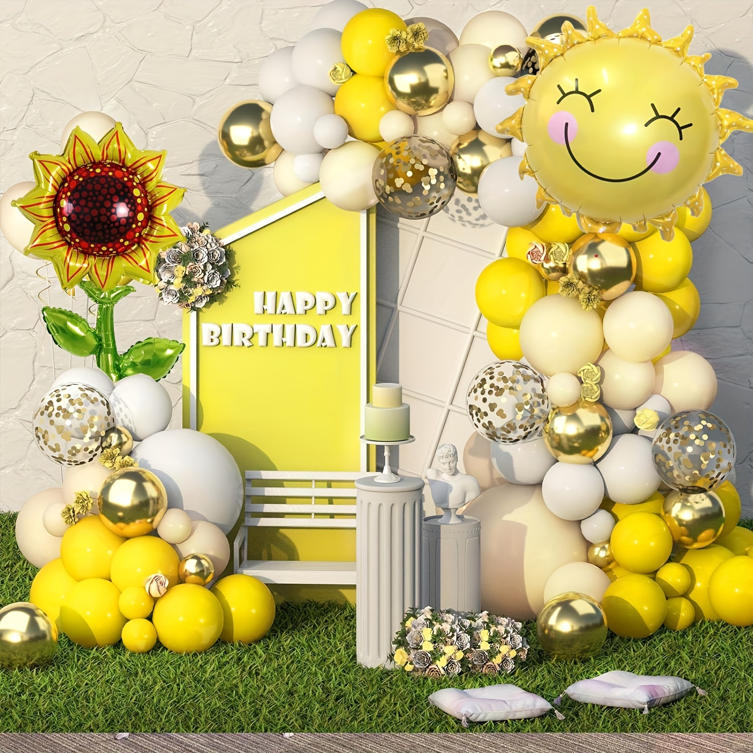 Kit de guirnalda de arco de globos amarillos y dorados, 143 globos  amarillos macarrón para cumpleaños, aniversario, Año Nuevo, baby shower