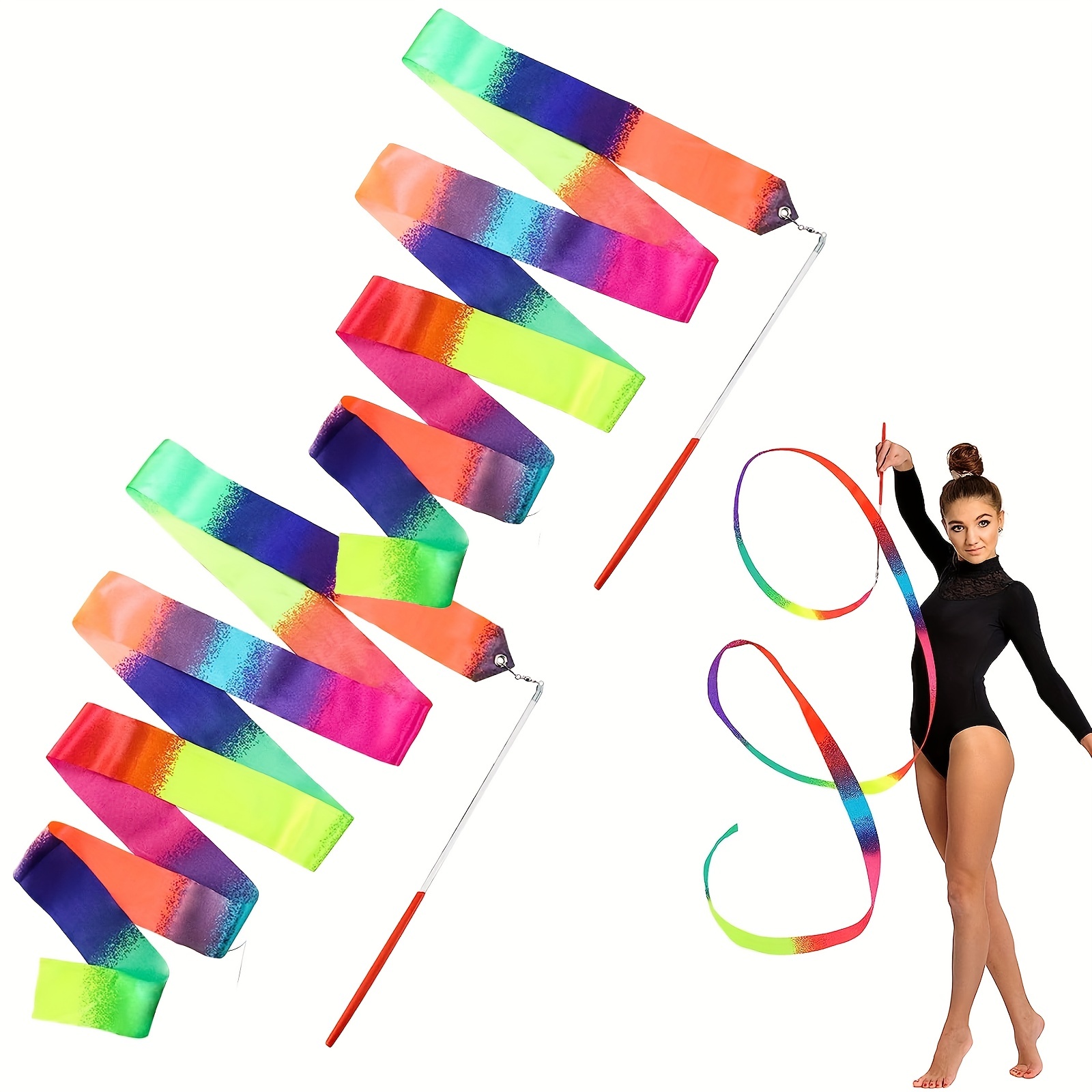 KINBOM 2pcs Dance Ribbons, 2m Kids Long Gymnastics Ribbon Twirling Ribbons  Dancing Ribbon Streamers for Artistic Dance Training Party, with Ribbon  Dancer Wand (Rainbow)