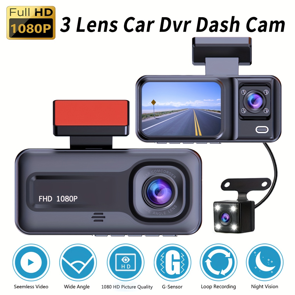 1 Unidad De 3 Canales Dvr Para Coche 3 Cámaras Dash Cam HD - Temu