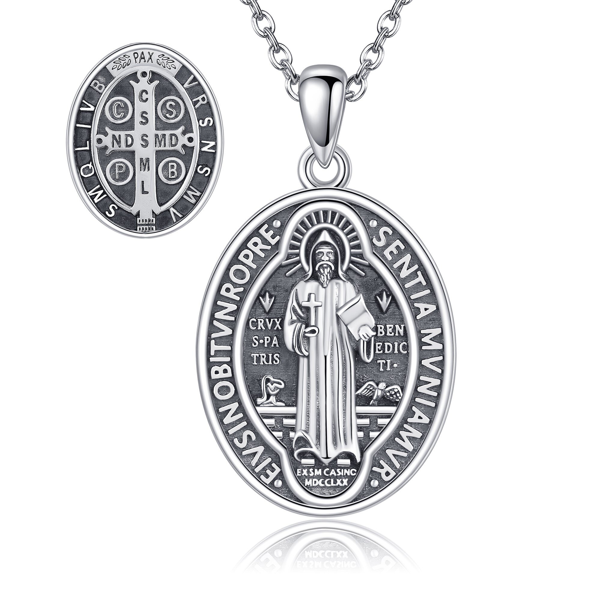 925 Sterling Silver St Benedict Medal Pendant Necklace