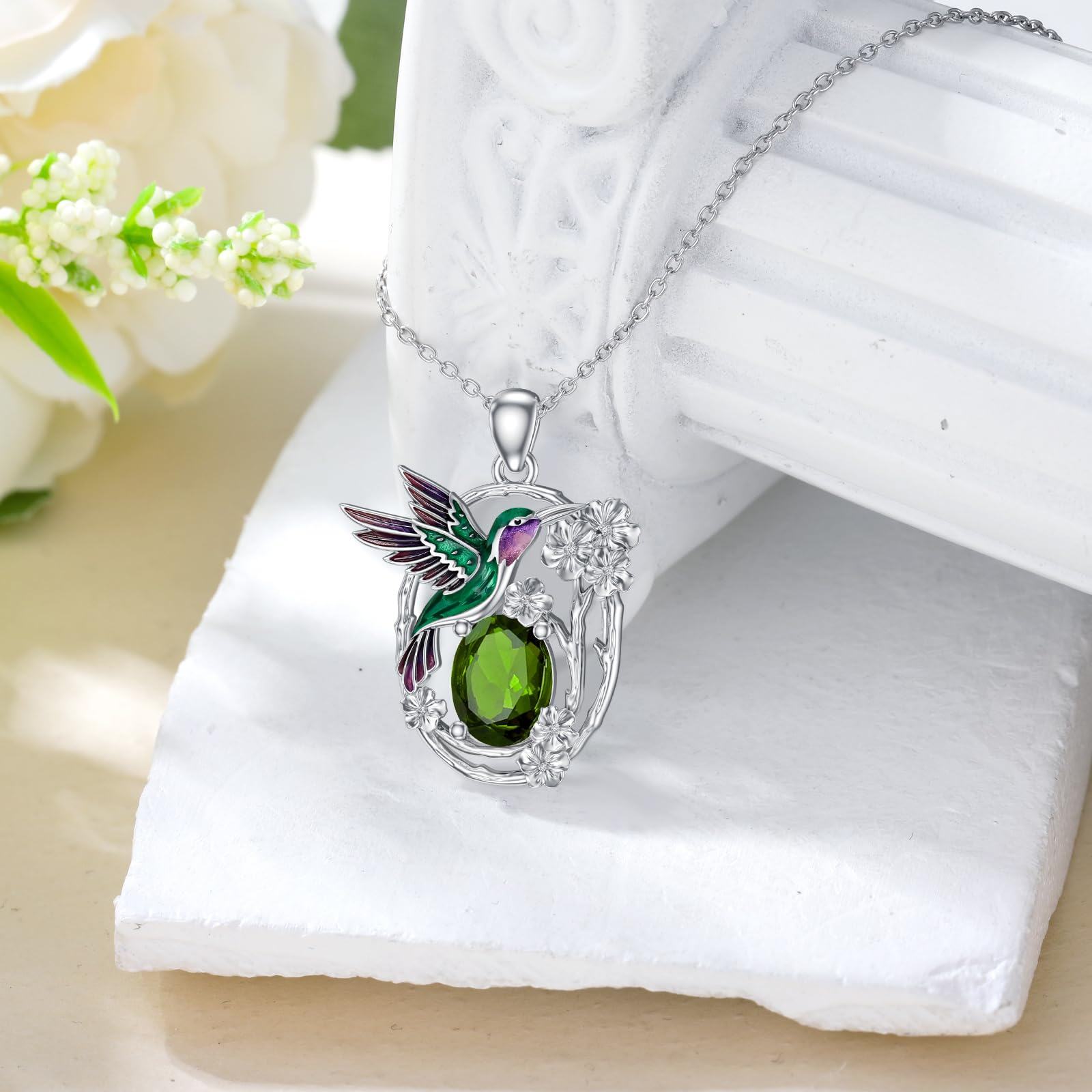 Women's 925 Sterling Silver Hummingbird Birthstone Necklace