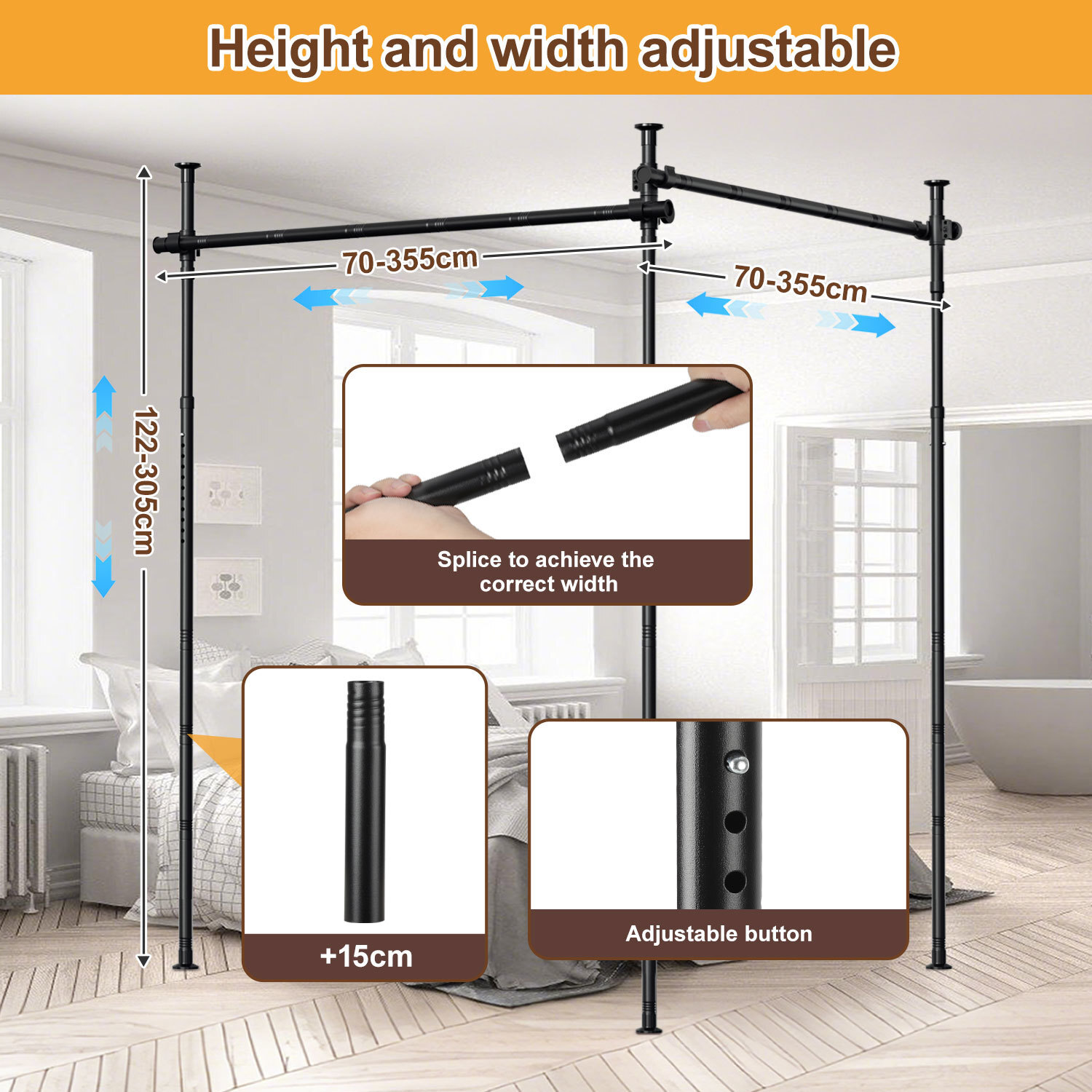 TEMU Support de plafond pour tringle à rideaux, ensemble complet pour rideaux pleine longueur, stable avec extension - Inclut tous les accessoires