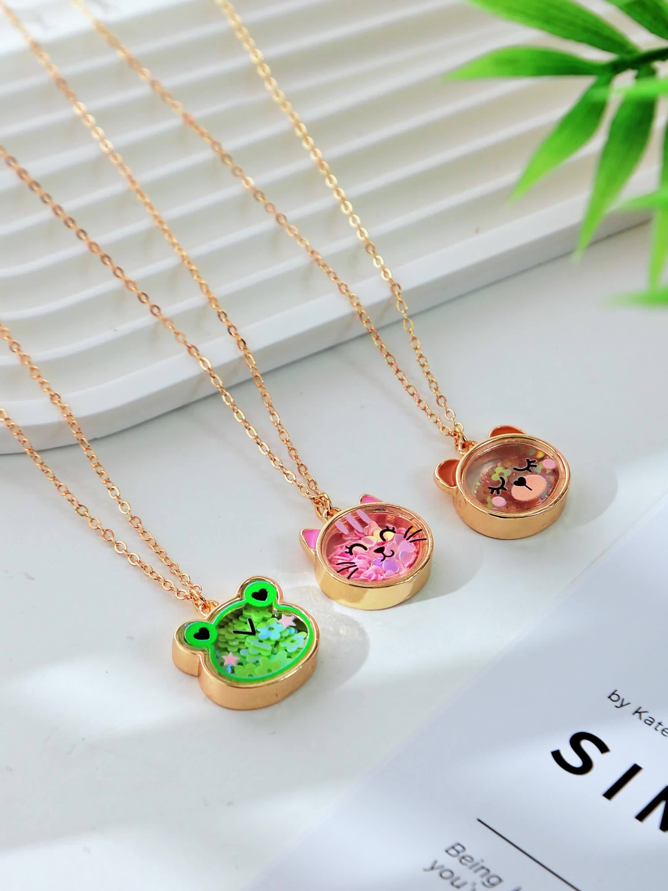 Girls' Cat Frog Bear Pink Filled Pendant Necklace