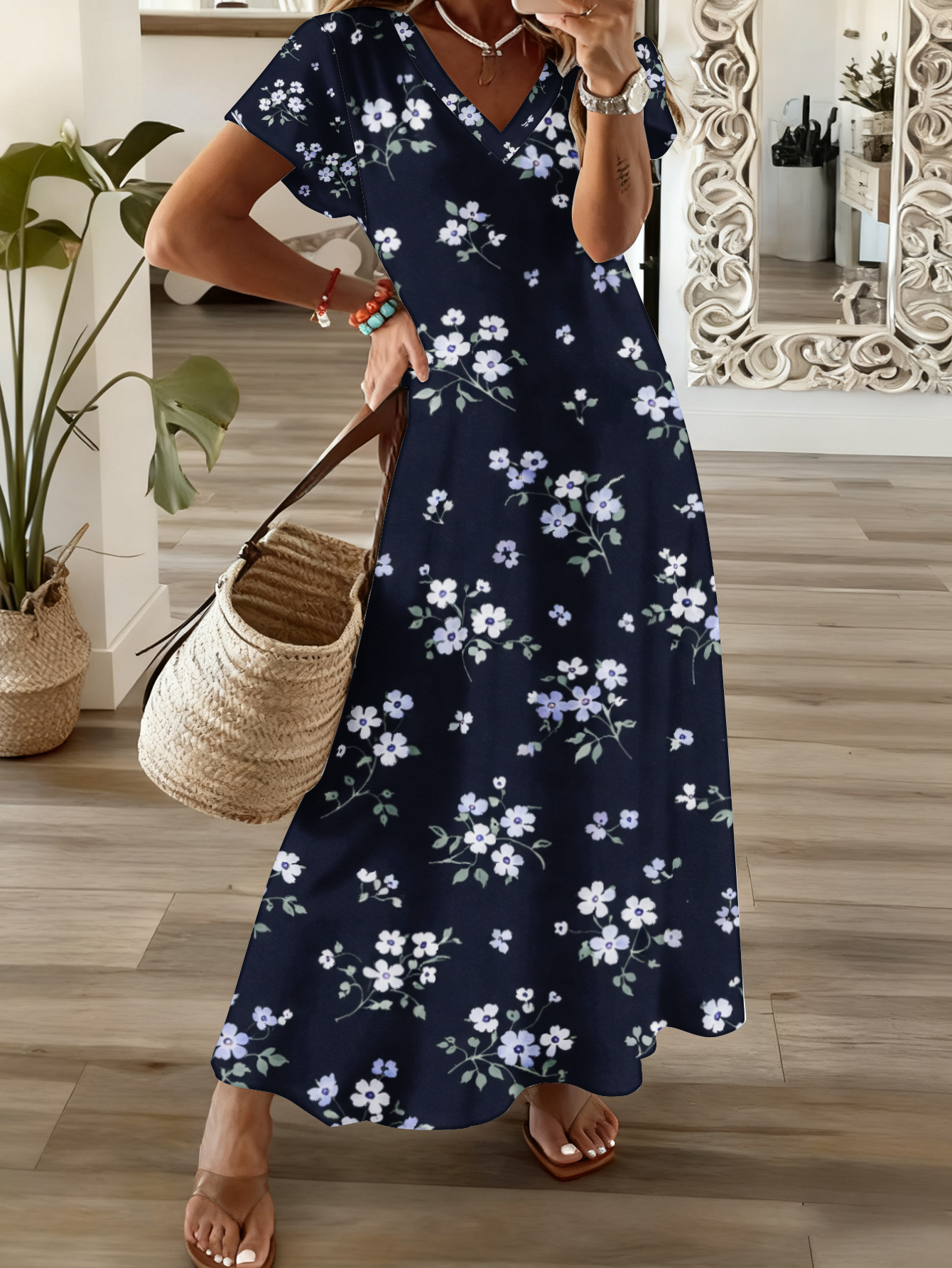 Plus Size, Floral Print V Neck Midi Dress Navy Blue with White And Purple  Flowers Casual Summer Outfit for Women Beach Vacation Wear