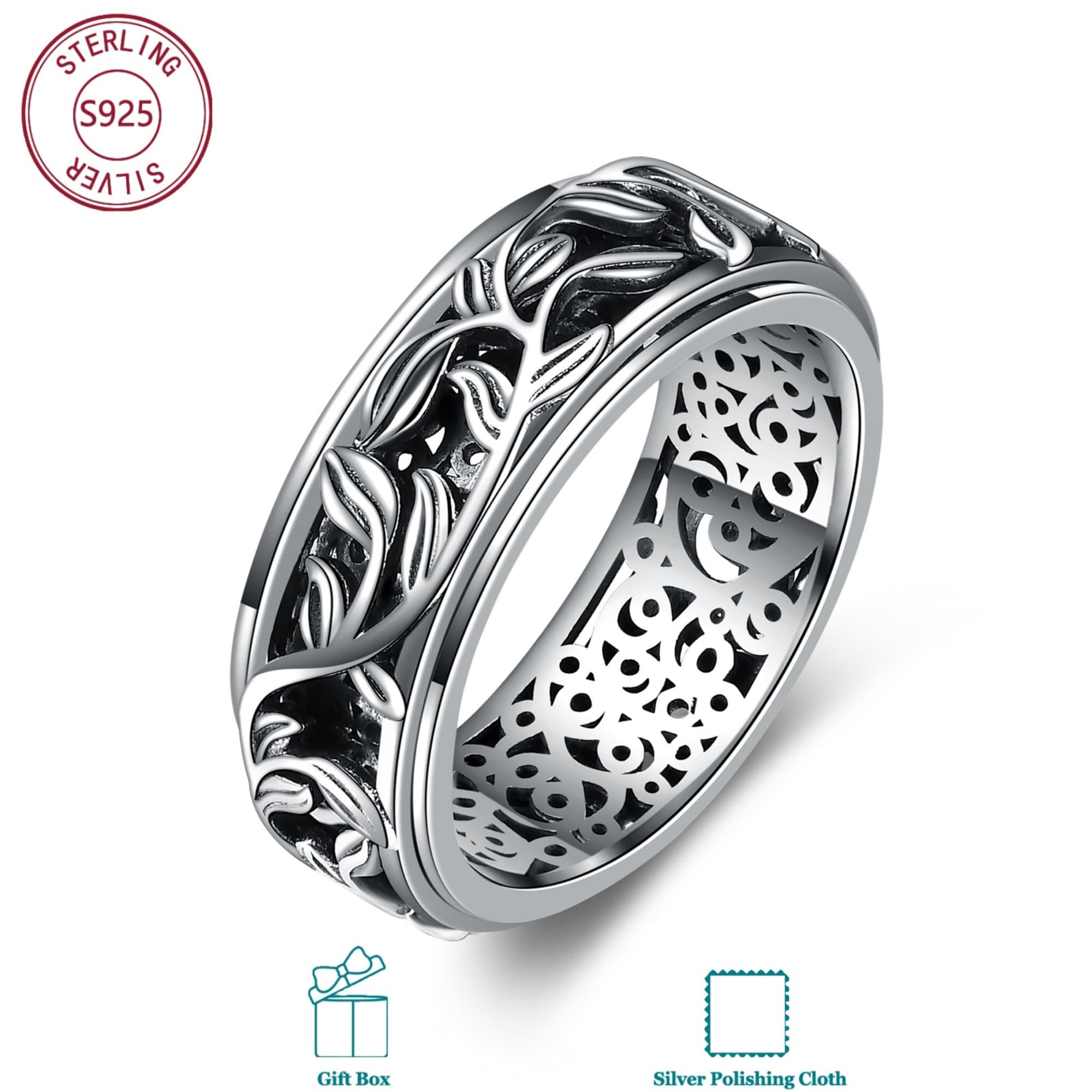 TEMU 925 Sterling Silvery Delicate Leaf Spinner Ring Stress Reducing Gift For Women S Daily Wear Size 10