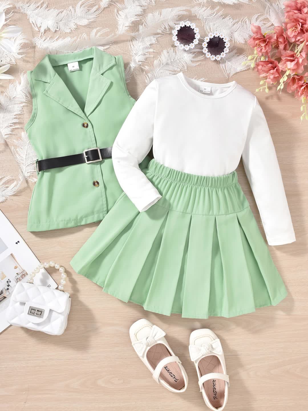 Girl's Preppy Style 3pcs Belted Vest Set