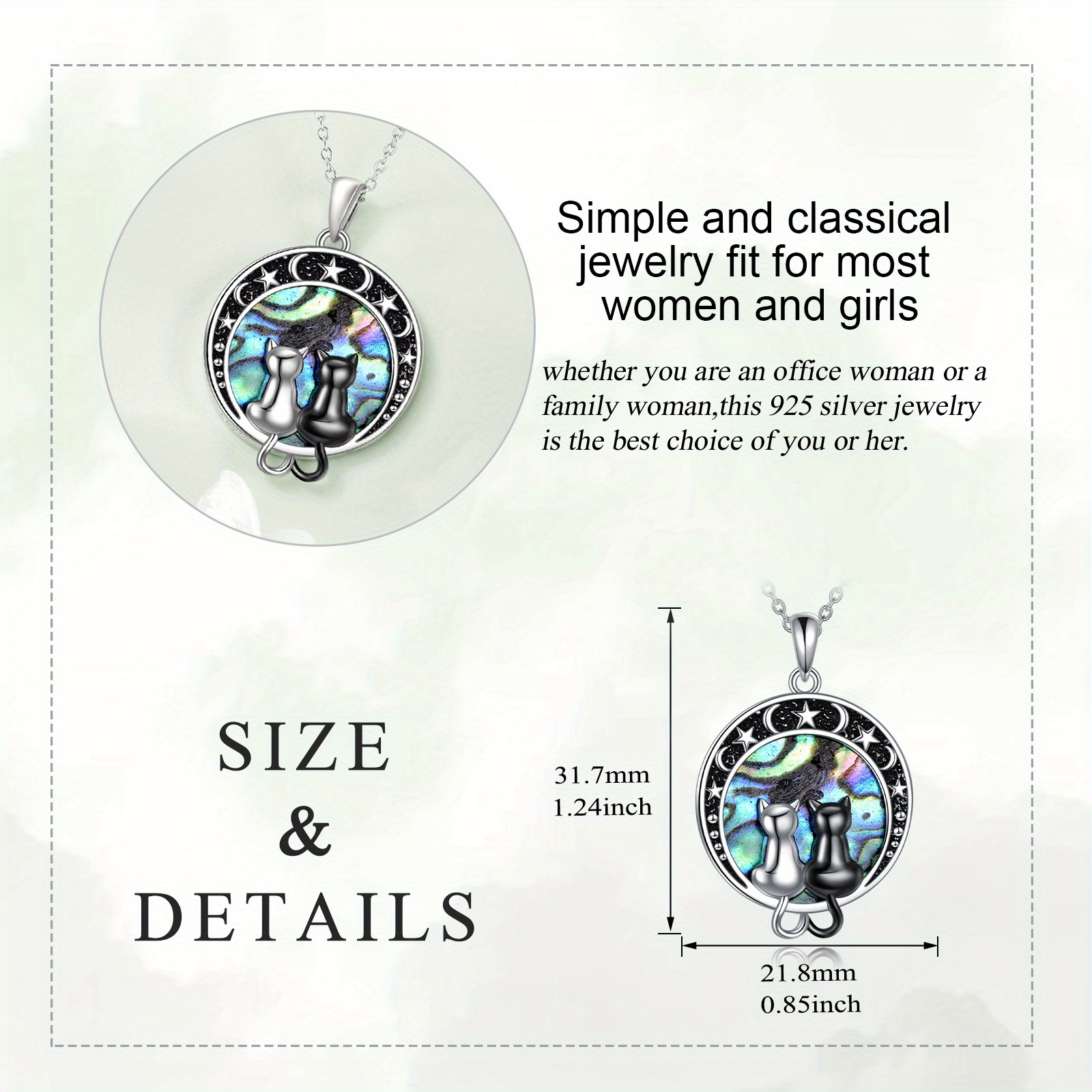 Women's Sterling Silver Black Cat & Abalone Pendant Necklace