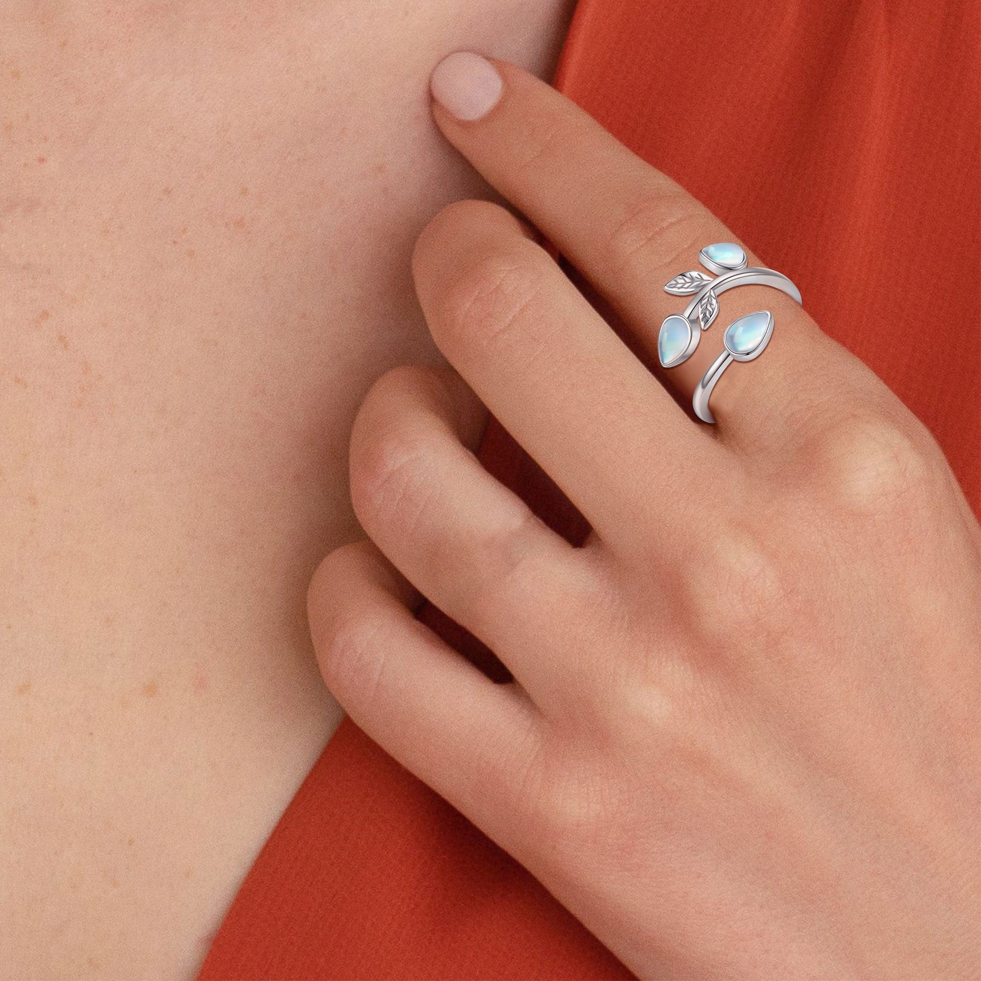 Moonstone Leaf Ring Adjustable Band Sterling Silver Boho Jewelry