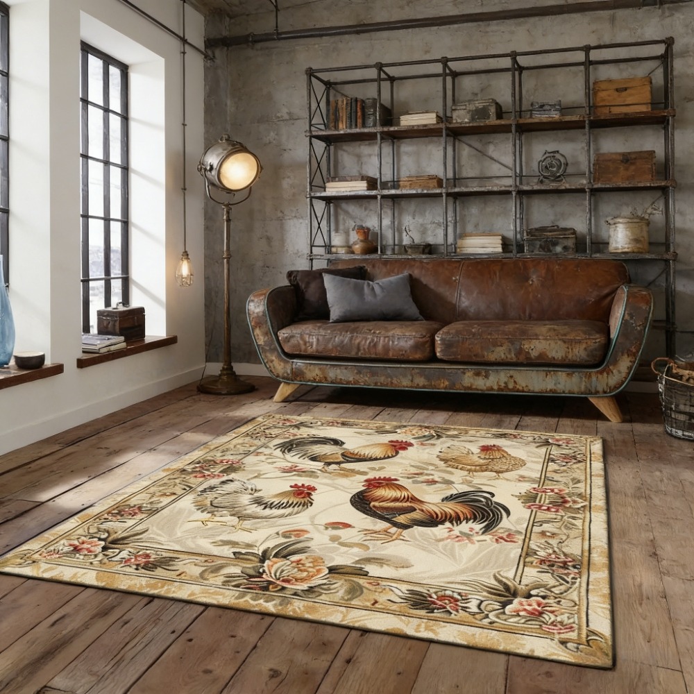 TEMU Rooster Pattern Vintage Design Area Rug | Velour Mat, Machine Washable, Large Size, Anti-slip, Durable Decoration, Suitable For Living Room,