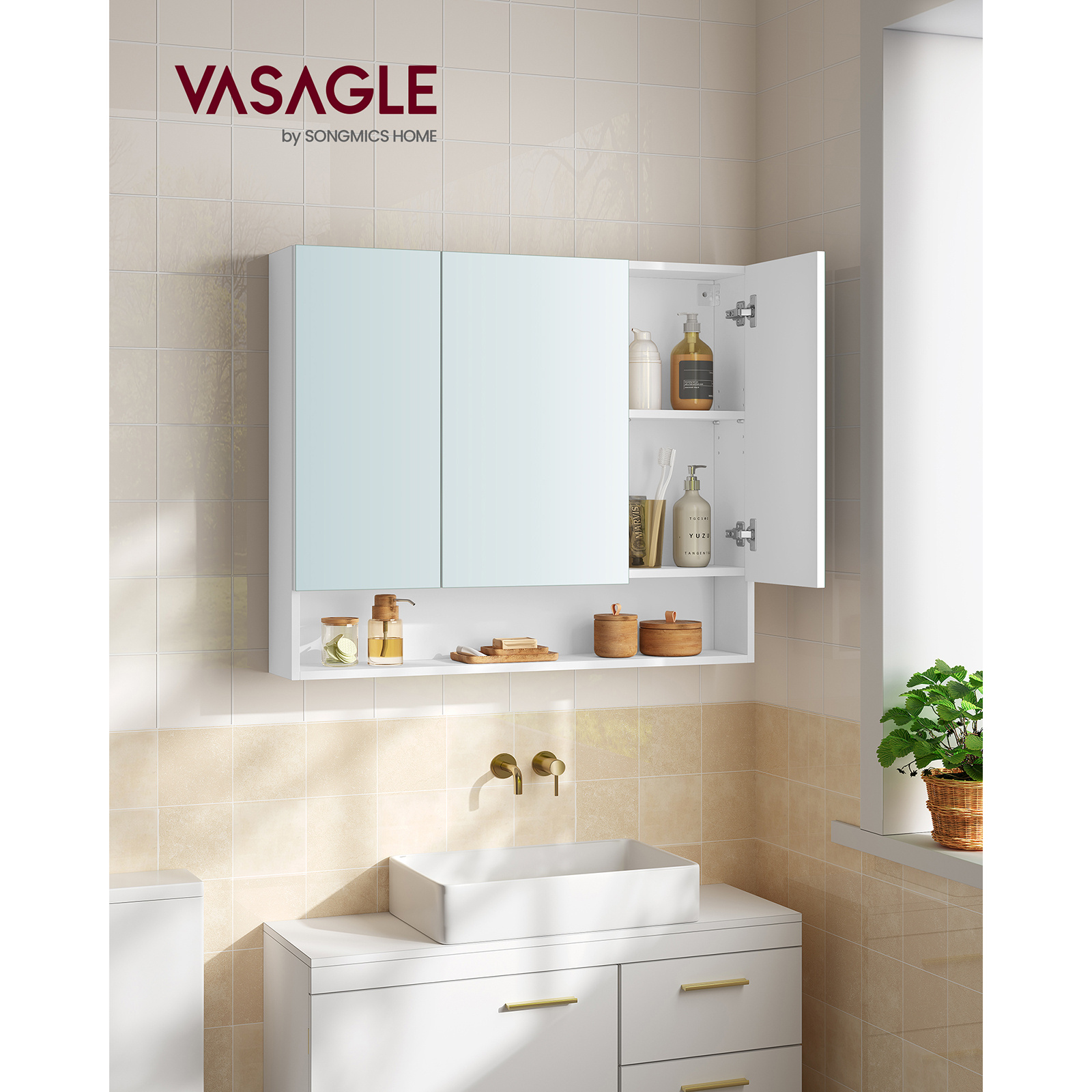 TEMU VASAGLE Specchio Bagno con Armadio, Armadio Bagno con Specchio, Specchio da Parete con Armadio, Scomparto , Ripiani Regolabili, 16.5 X 90 X 75