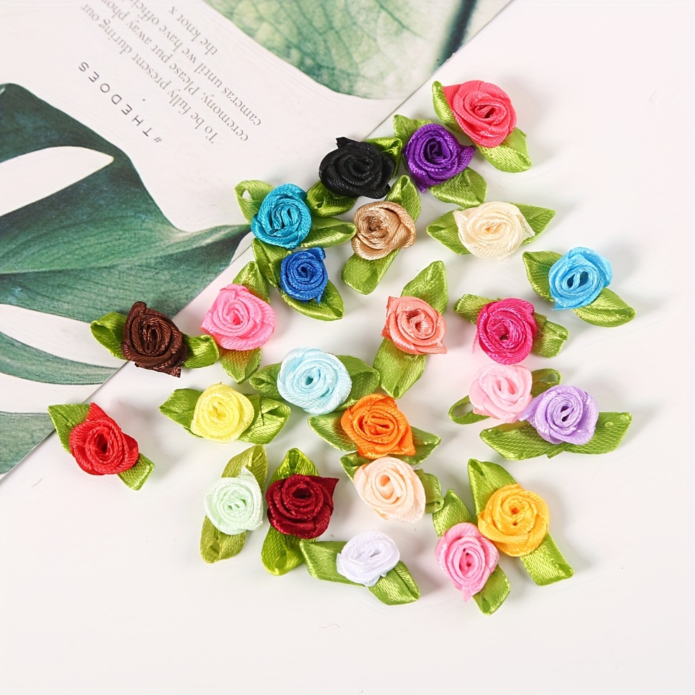 200pcs Mini Satin Ribbon Roseflowers Multicolor Fabric Flowers Cute Satin  Roses Embellishments Small Rosettes Applique for Sewing Crafts Wedding Gift