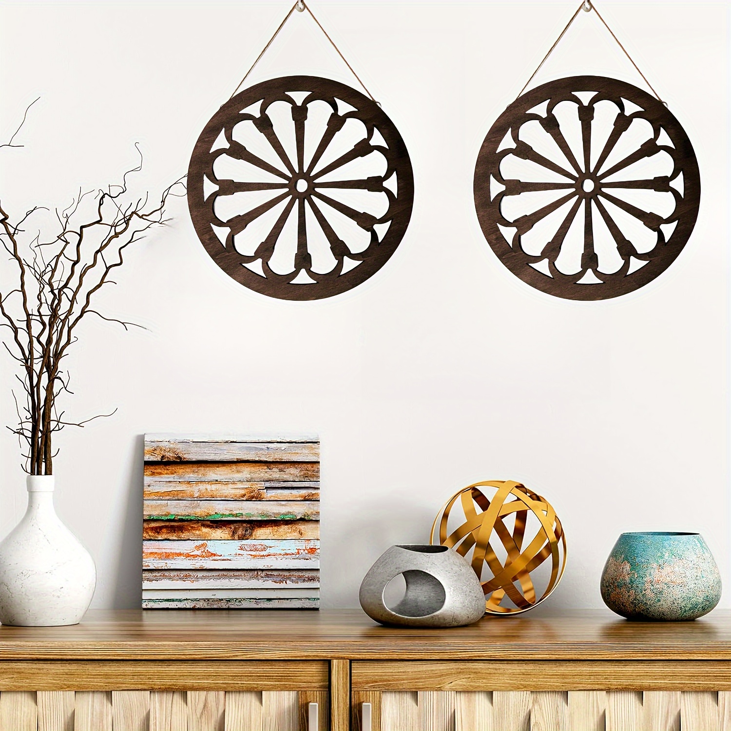 4 piezas de arte de pared de madera tallada gruesa para decoración de pared  marrón y blanco, decoración de pared para sala de estar, paneles de madera