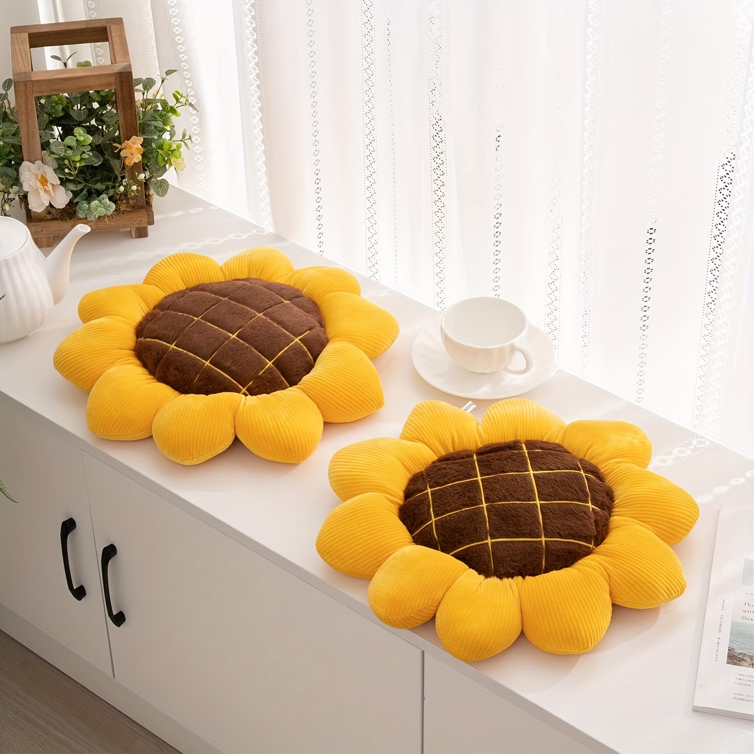 Coume 2 cojines de suelo con diseño de girasol 3D, cojín de asiento de  girasol, cojín amarillo con forma de girasol, almohadillas decorativas de  felpa