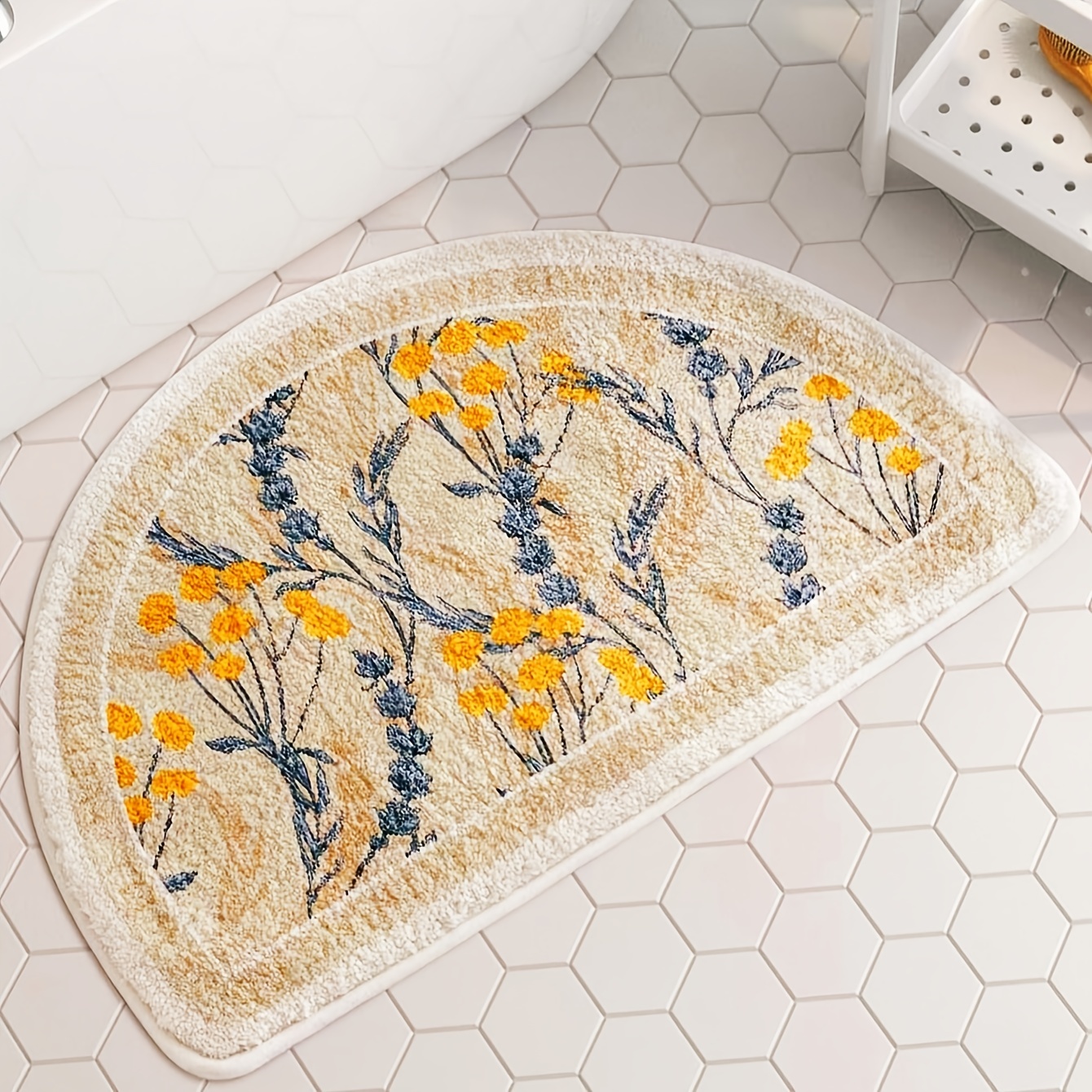  3pcs/Set Orange Flower Butterfly Bath Mat Floral Plant Pattern  Rugs Flange Low Pile Bathroom Decor Carpet Toilet Lid Cover, U Shape Mat  17.71 x 29.52 Inch : Home & Kitchen