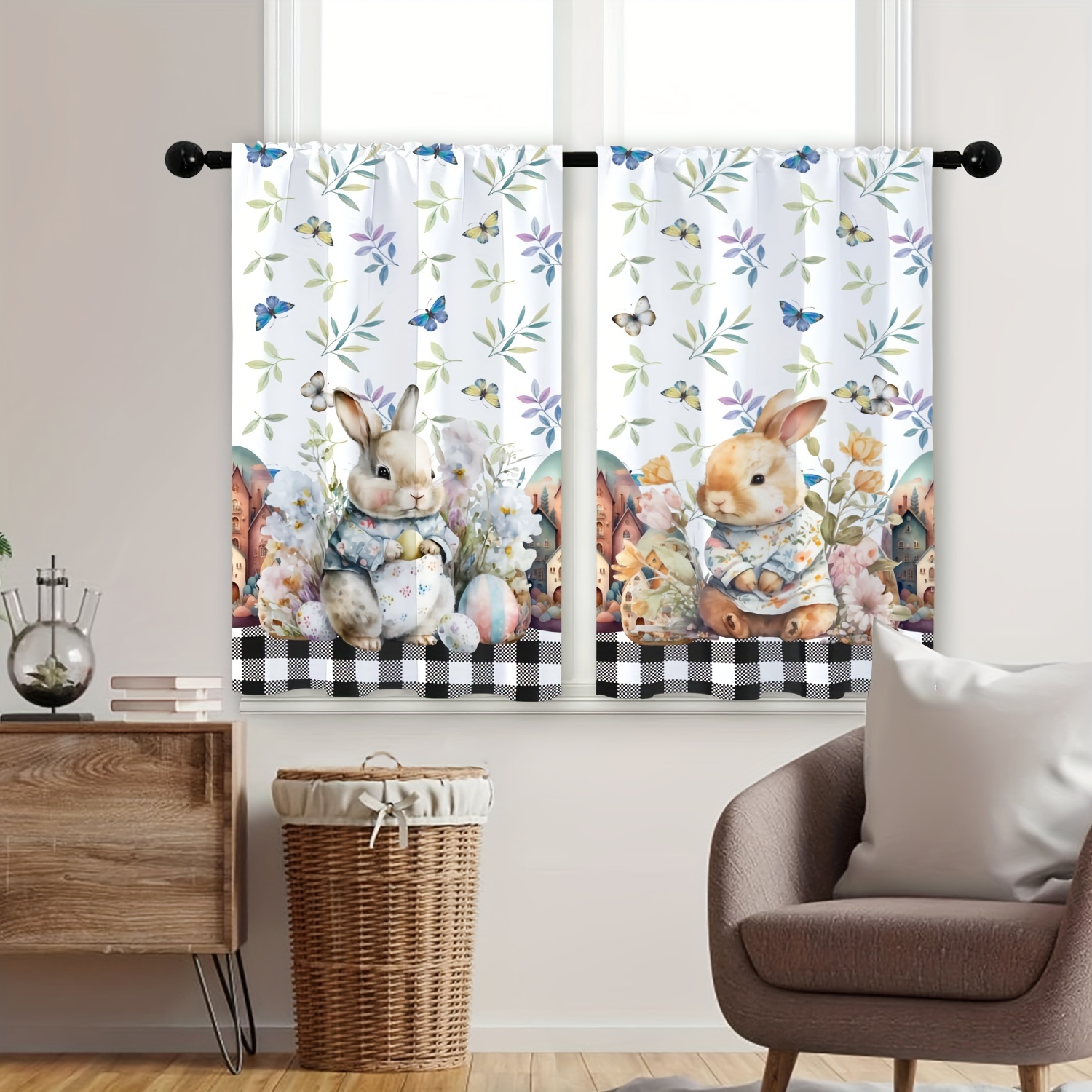 Cortina corta para ventana pequeña, algodón blanco, bordado de flores  botánicas con pompones blancos, borlas, panel de ventana, cortinas de media