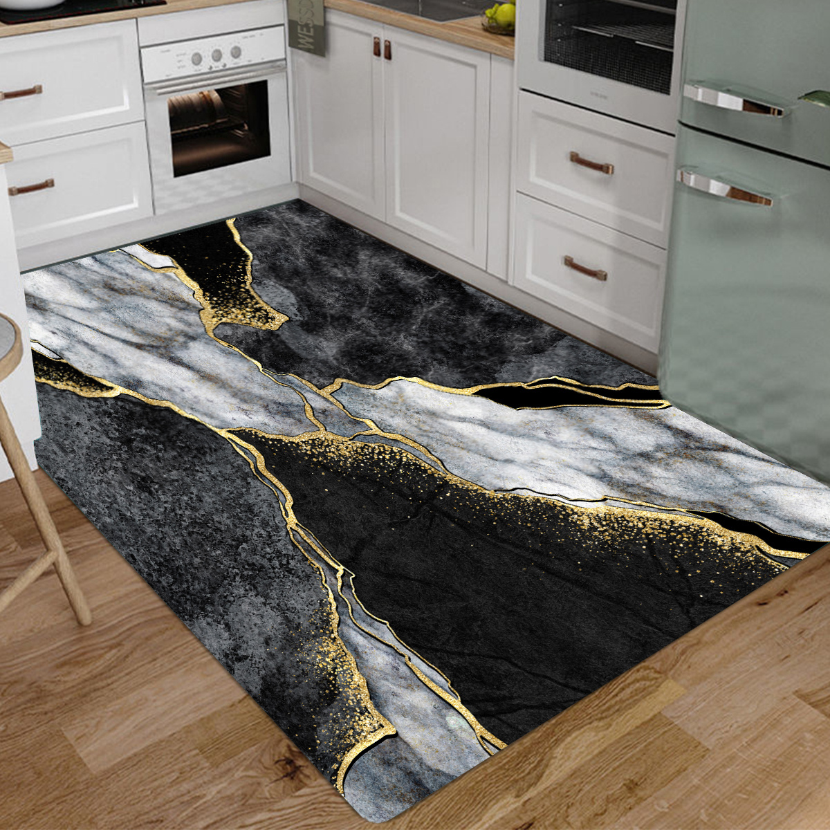 2 Pieces Modern Marble Washable Kitchen Runner Mats Non-slip