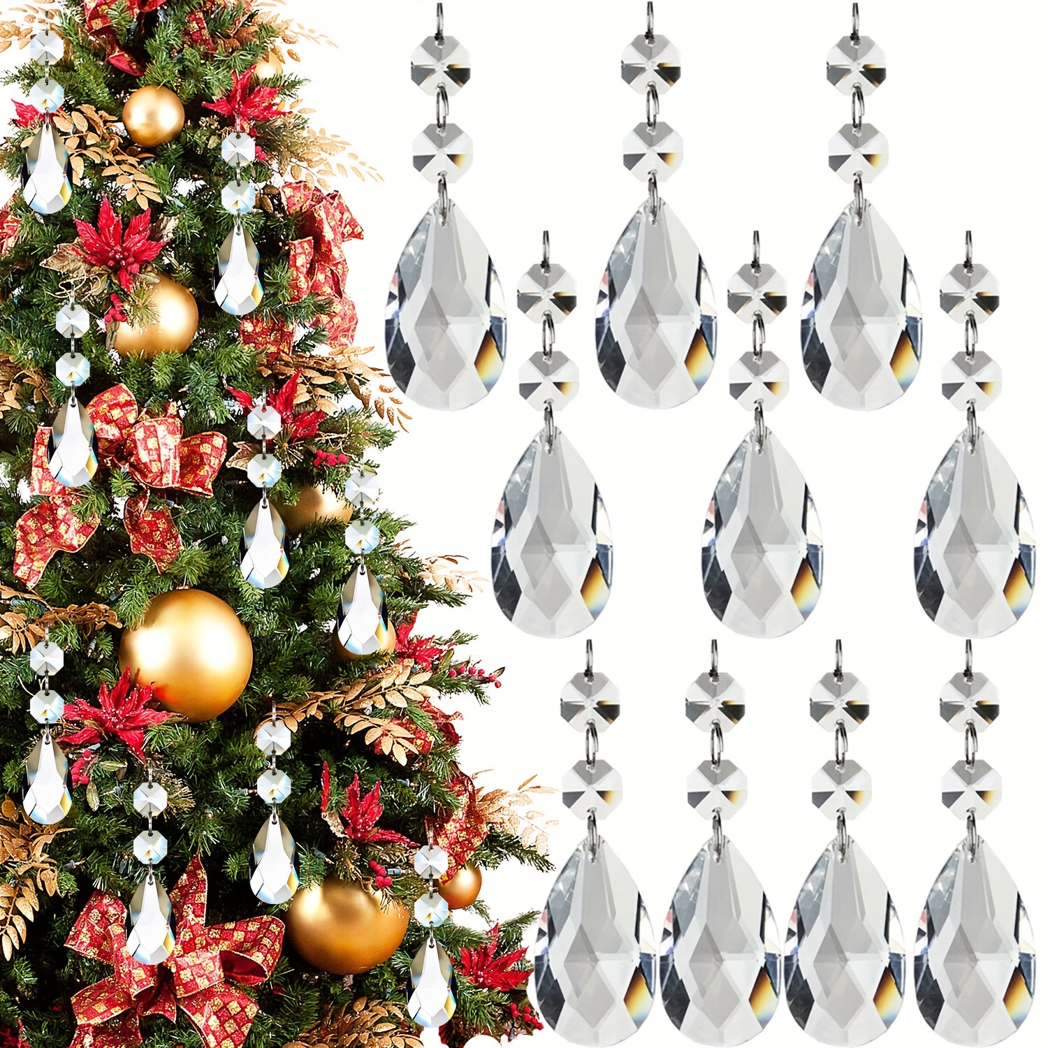2 Pcs Crystal Garland Silver Christmas Decorations,16Ft Beaded Garland for Christmas Tree,Clear Iridescent Silver Christmas Tree Beads Twist Bead