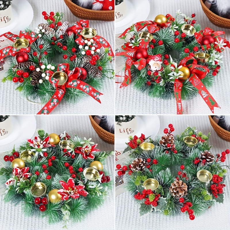 6Pcs Christmas Candle Ring Wreath Boho Wreath Pillar Candle Holder Greenery  Farmhouse Wreath for Valentine's Day Home Decor